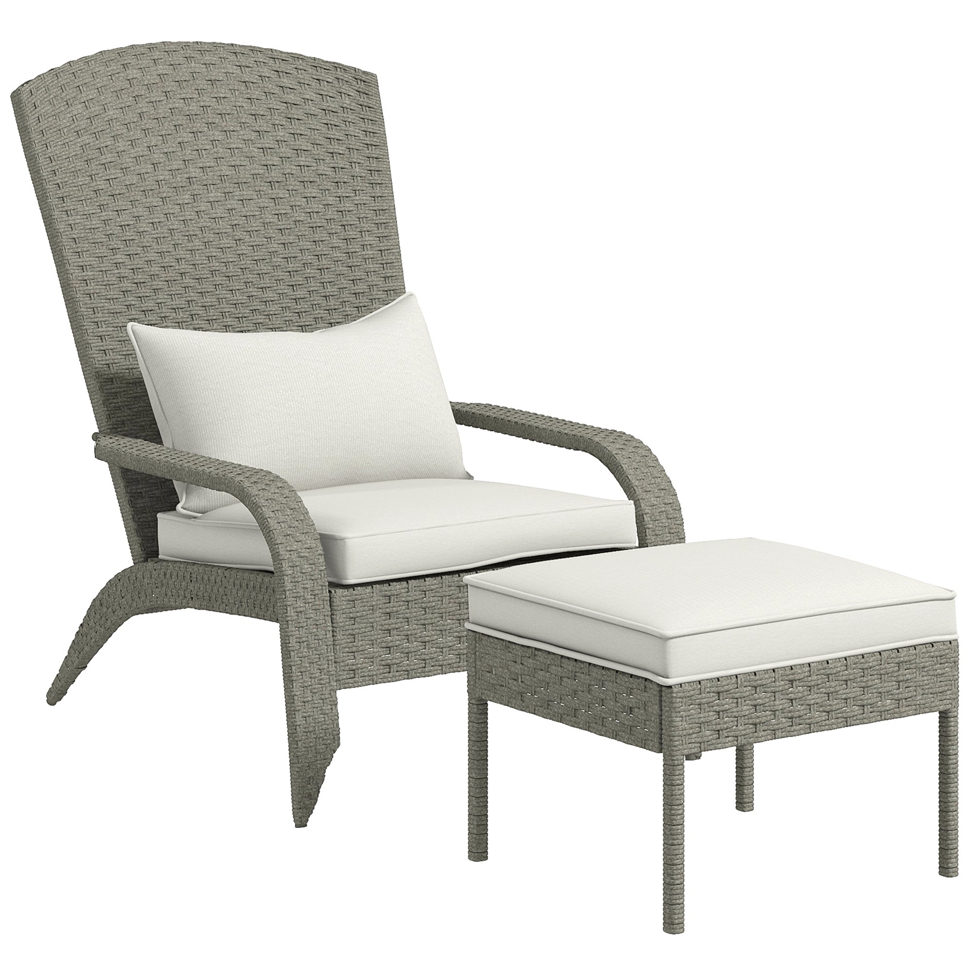 Garden Chair with Footrest, Armrests, and Padded Cushions, Adirondack Chair in Rattan and Steel, 64x82x89 cm, Gray and Cream White
