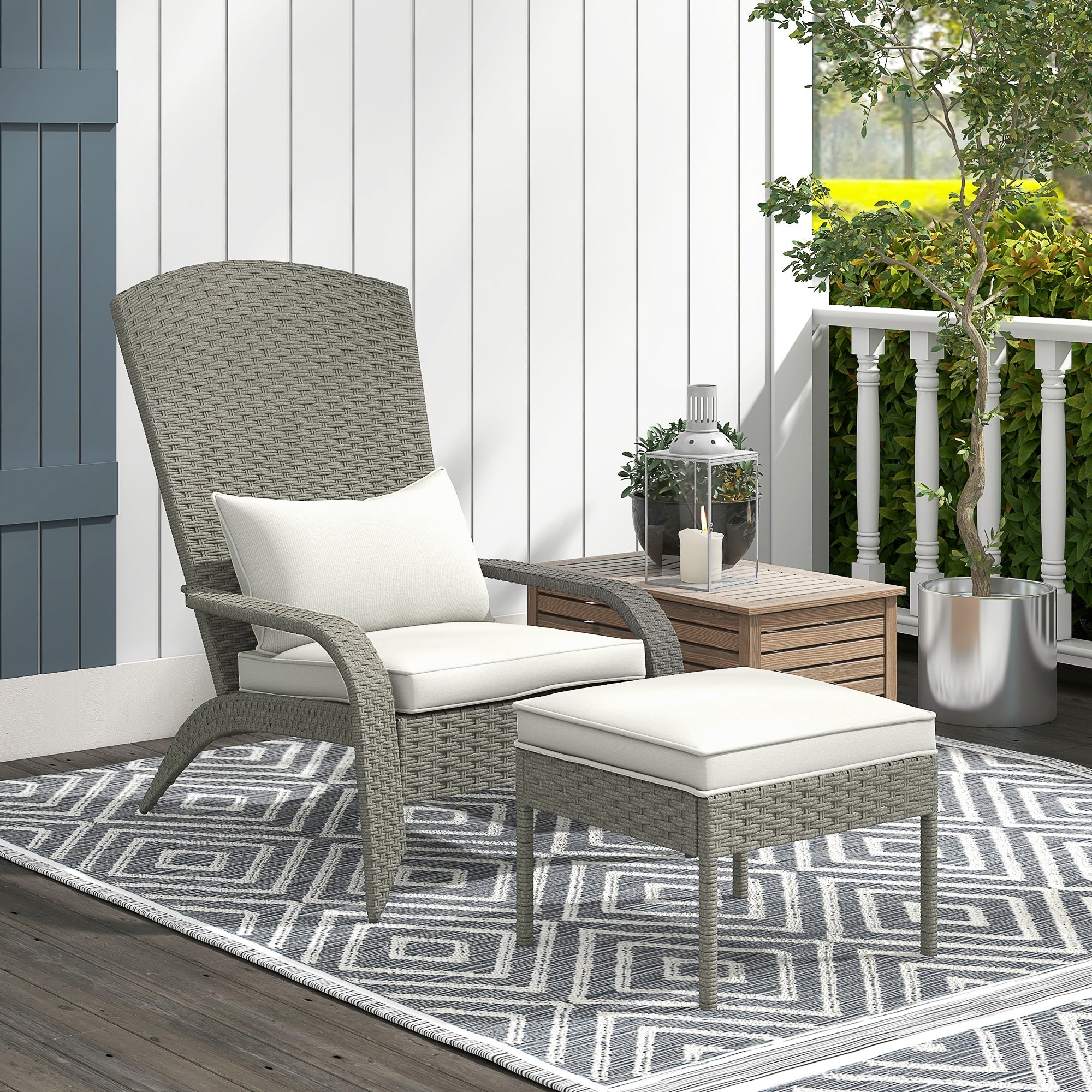 Garden Chair with Footrest, Armrests, and Padded Cushions, Adirondack Chair in Rattan and Steel, 64x82x89 cm, Gray and Cream White