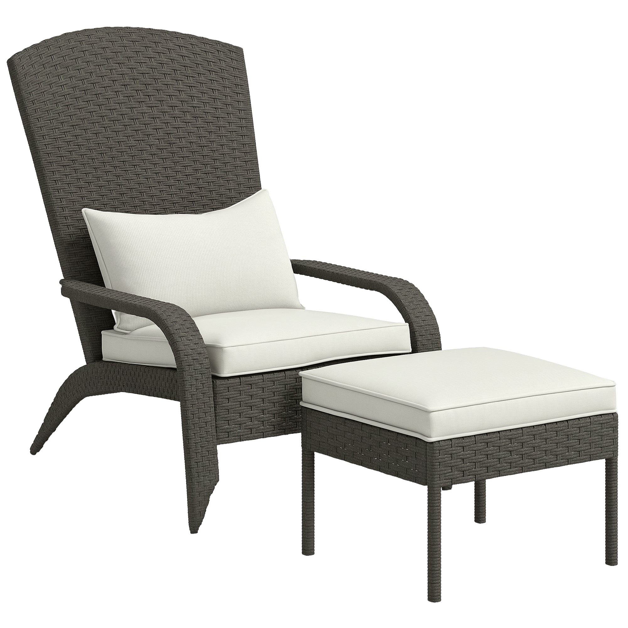 Garden Chair with Footrest, Armrests, and Padded Cushions, Adirondack Chair in Rattan and Steel, 64x82x89 cm, Gray and Cream White