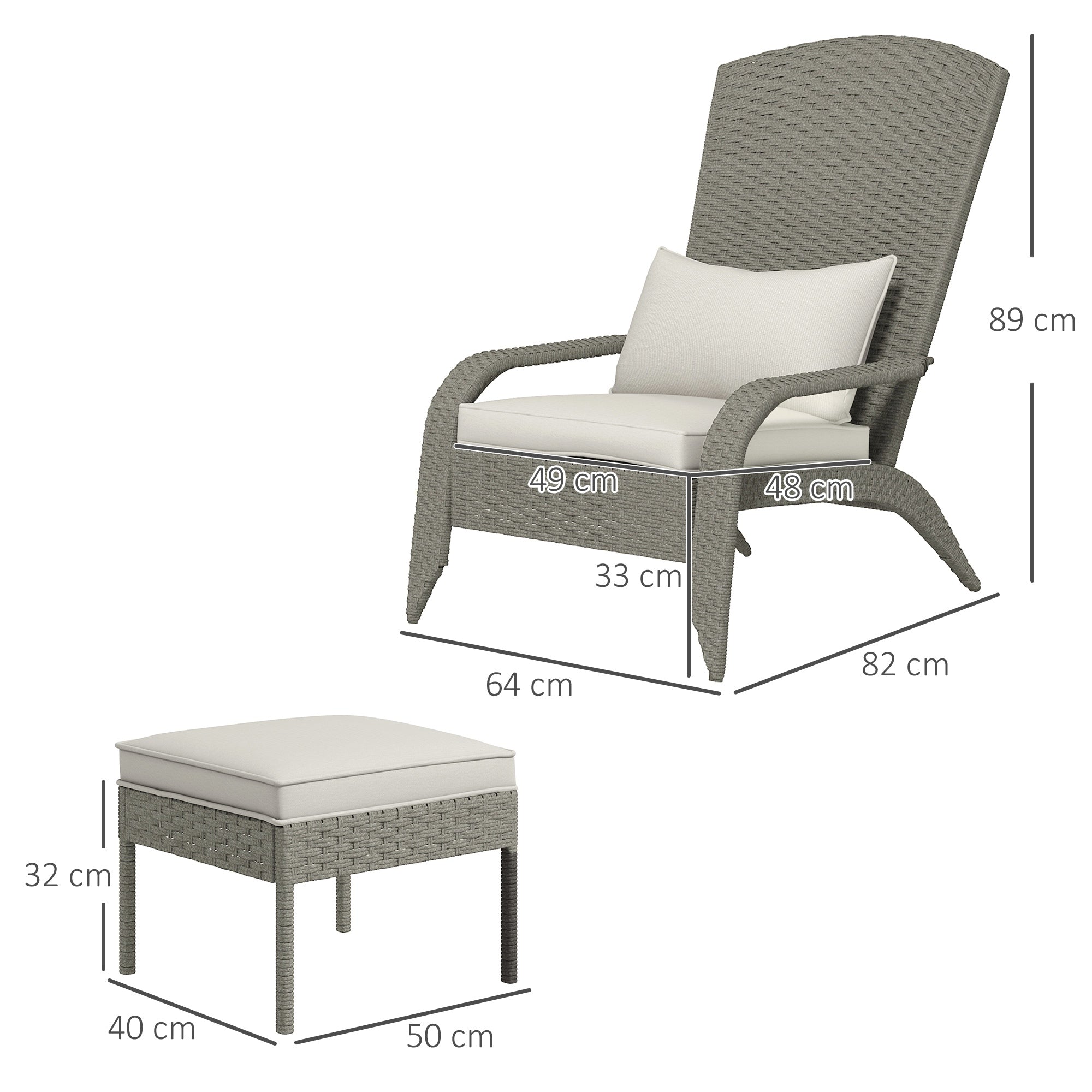 Garden Chair with Footrest, Armrests, and Padded Cushions, Adirondack Chair in Rattan and Steel, 64x82x89 cm, Gray and Cream White