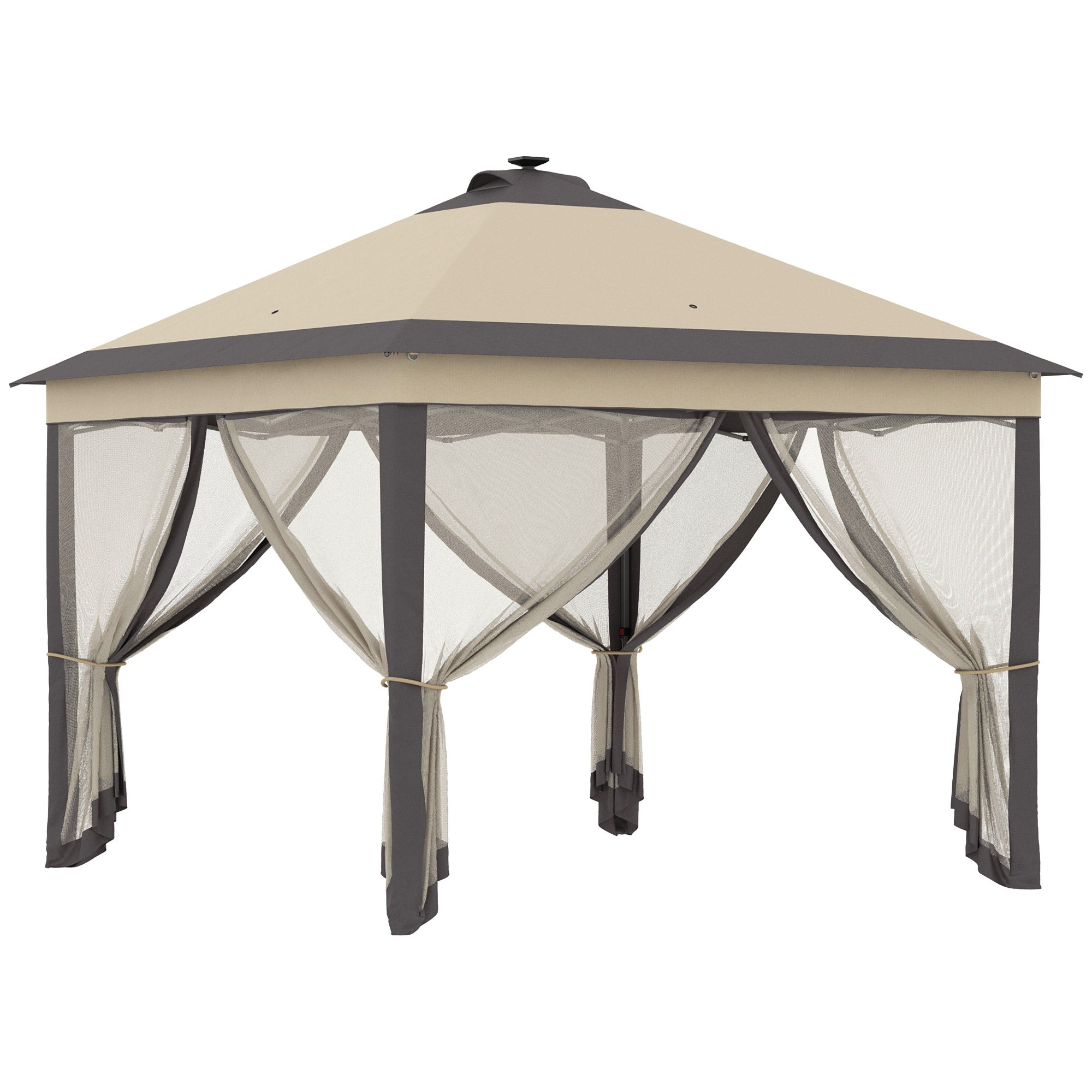 Foldable Gazebo with LED Lights 3.3x3.3 m Garden Canopy with Remote Control 4 Mesh Side Walls Adjustable Height and Carry Bag for Patio Parties Beige