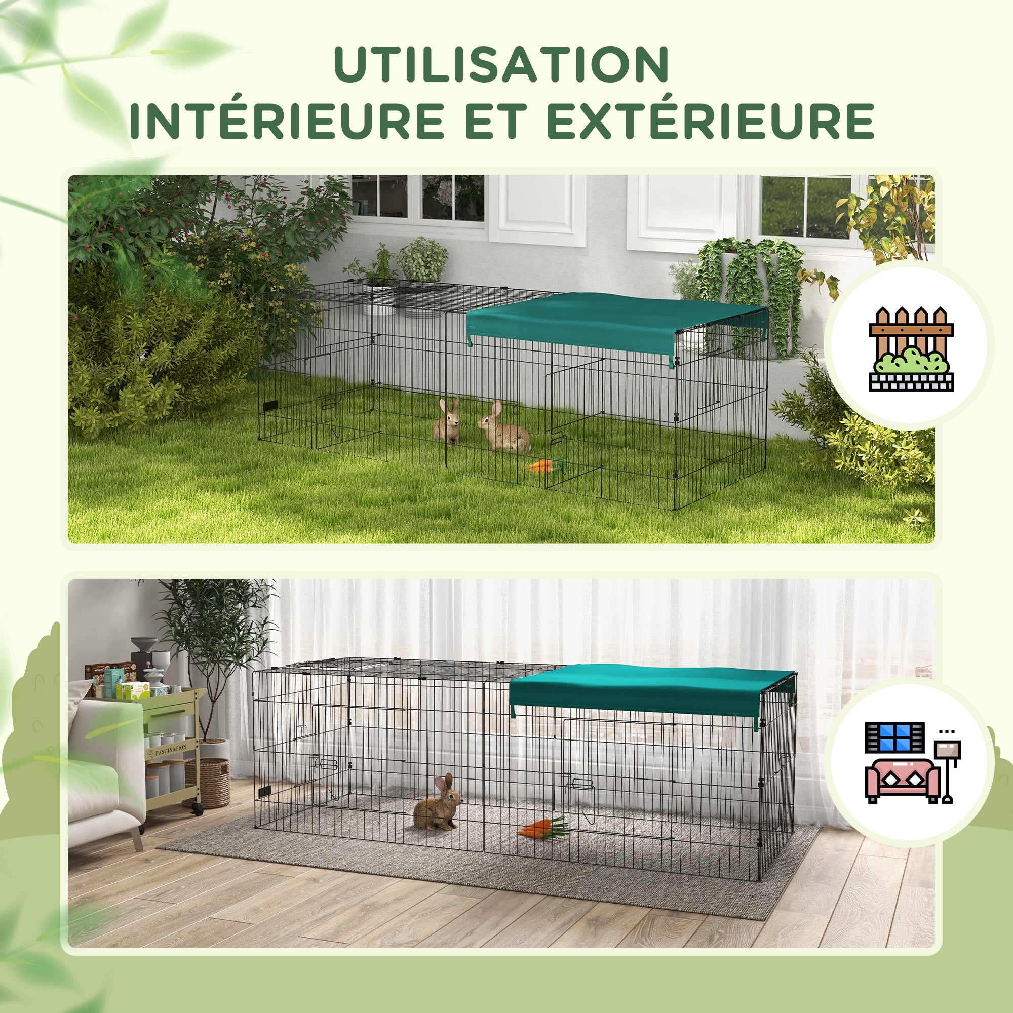 Modular Steel Enclosure with Cover for Rabbits Rodents Small Animals Indoor Outdoor 220L x 85W x 70H cm Green