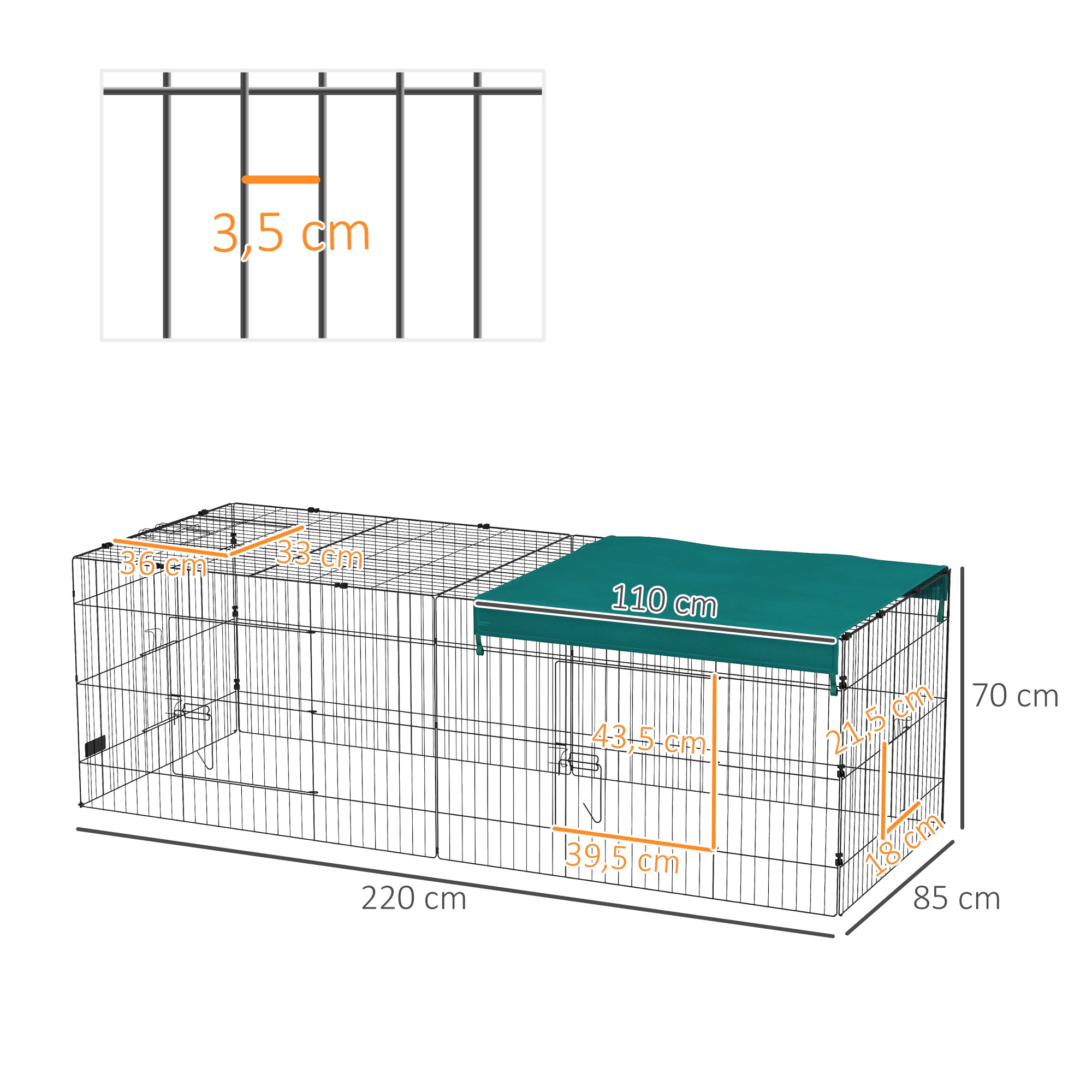 Modular Steel Enclosure with Cover for Rabbits Rodents Small Animals Indoor Outdoor 220L x 85W x 70H cm Green