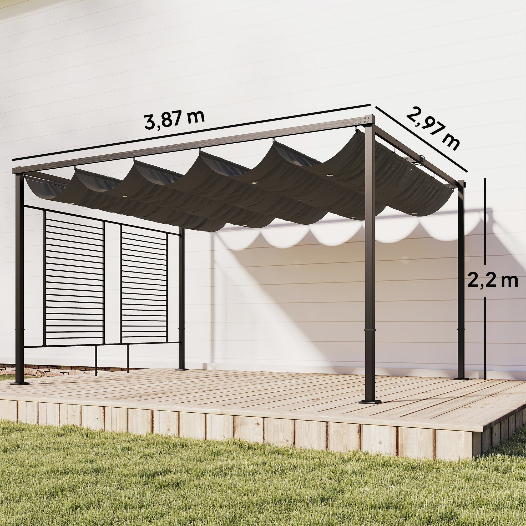 Pergola 3.87 x 2.97 m Patio Cover with Retractable Roof, 2 Privacy Panels, UV50+, Freestanding with Drainage Holes — Dark Gray