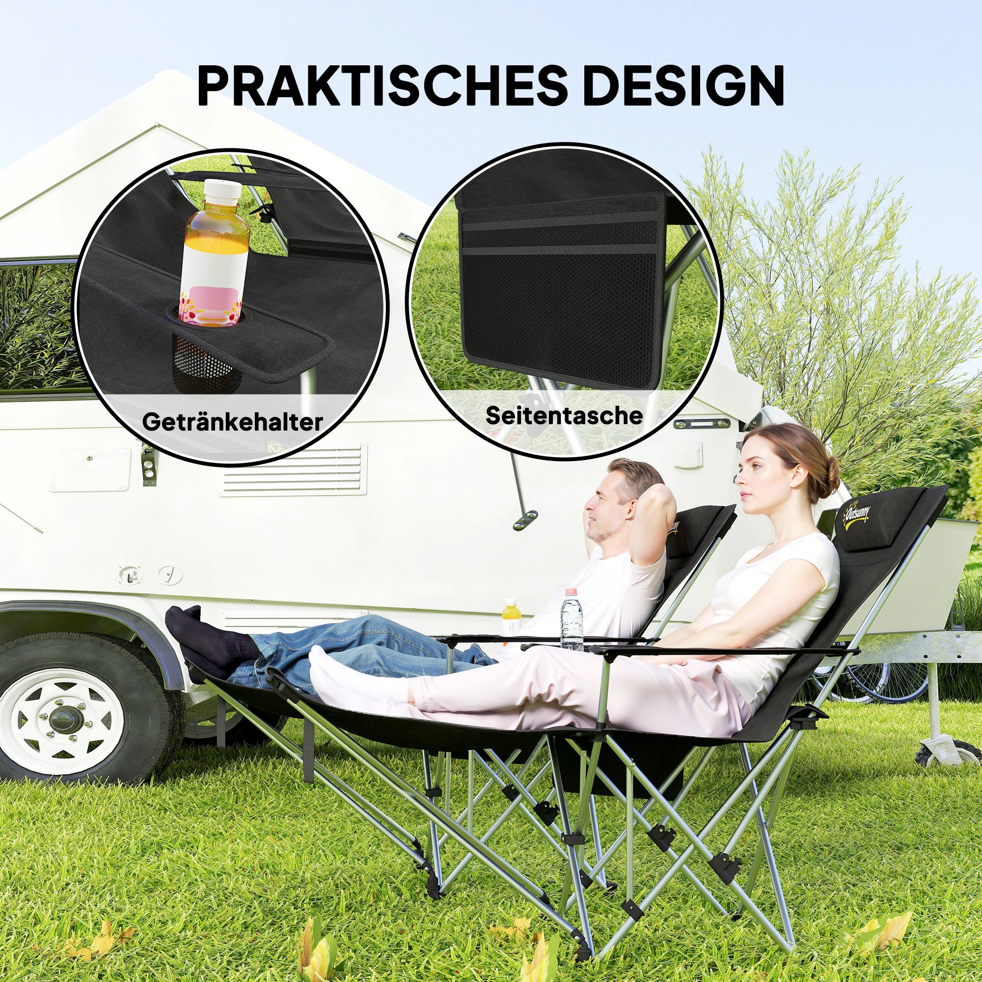 Set of 2 Folding Camping Chairs with Removable Footrest, Drink Holder, Headrest, Garden Chair, Supports 120kg, Lounger for Adults, Folding Chair, Beach Chair, Camping Chairs