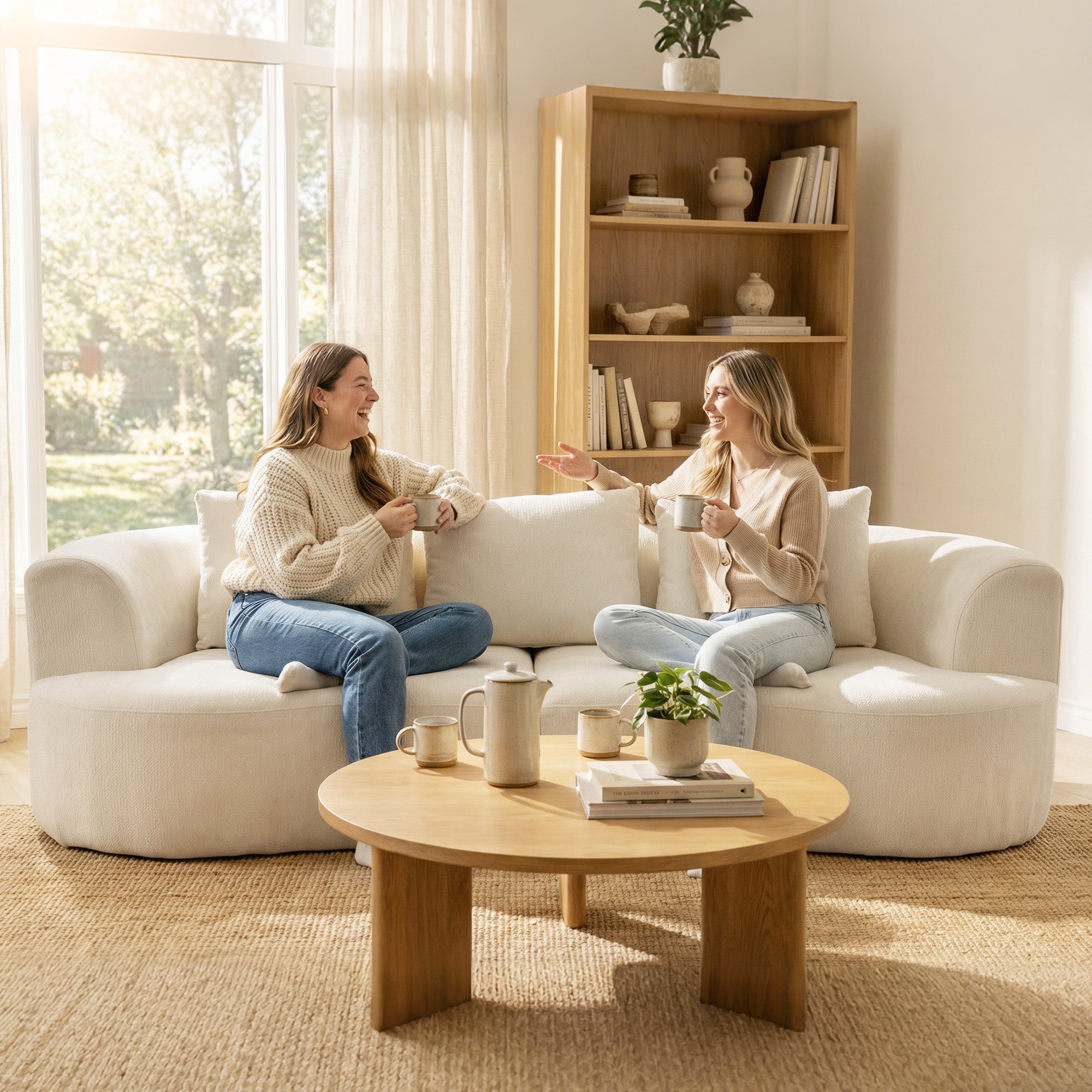 3-Seater Sofa, 260 cm Chenille Cloud Couch with 3 Lumbar Cushions, Wide Armrests, Padded Seat — Cream White