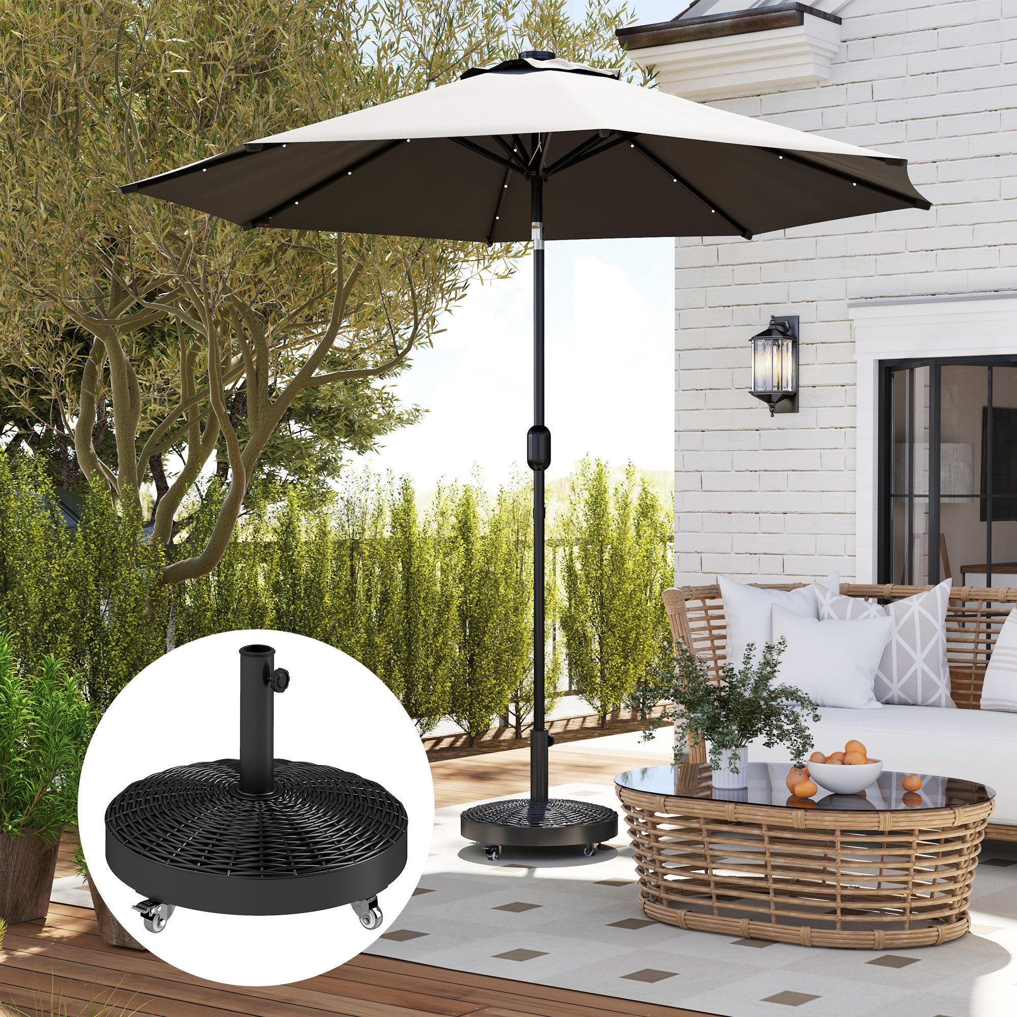 Round Umbrella Base Umbrella Stand with Wheels Umbrella Stand with 25 kg Cement Filling for Garden Terrace Black