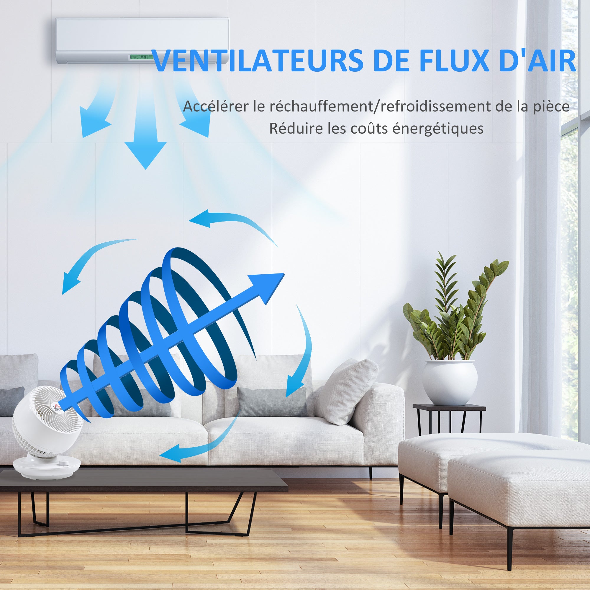 Mini Table Fan, Powerful Silent 45W Fan, 3 Speeds, 70° Multi-Directional Oscillation, 90° Tilt, Air Circulation Fan for Bedroom, Living Room, White