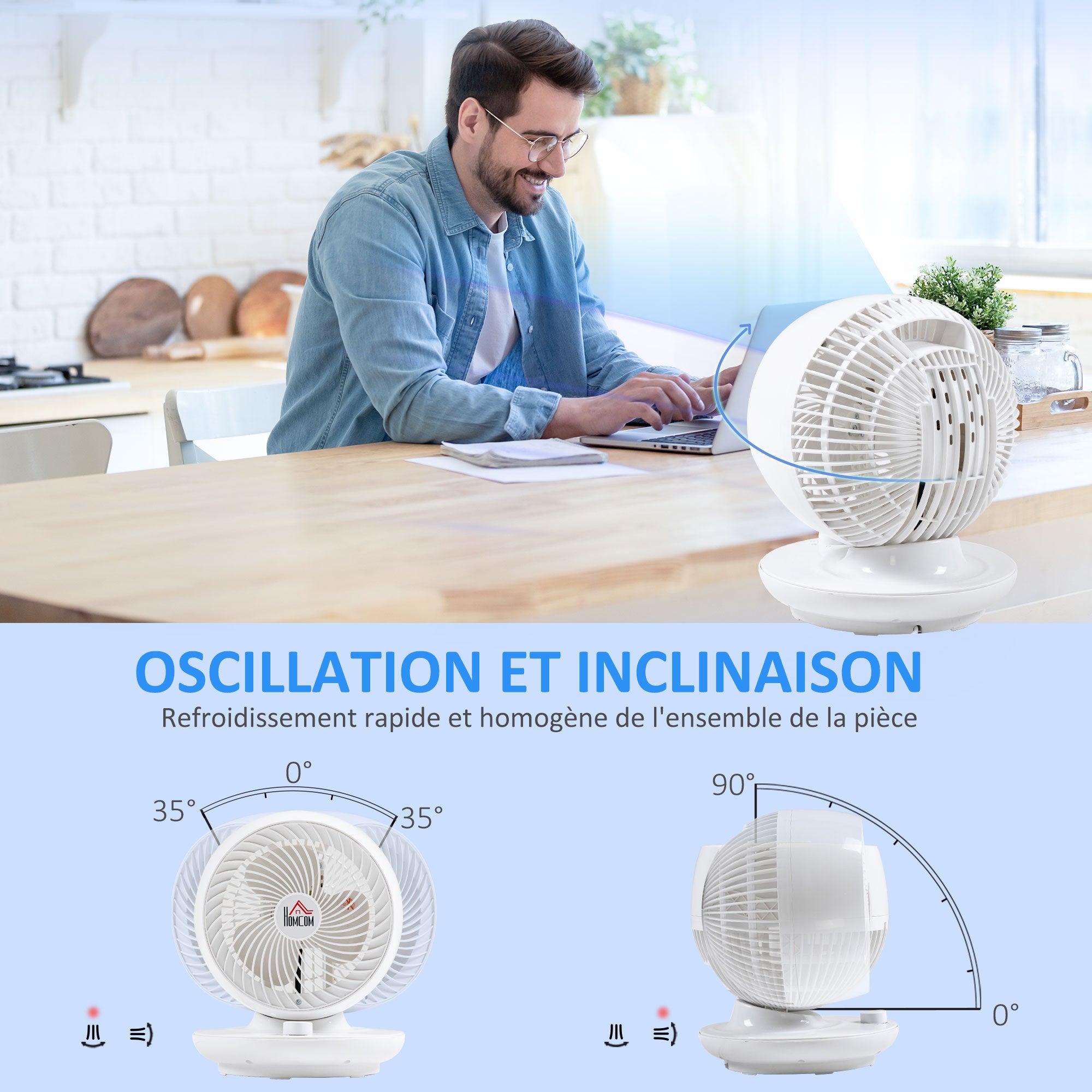 Mini Table Fan, Powerful Silent 45W Fan, 3 Speeds, 70° Multi-Directional Oscillation, 90° Tilt, Air Circulation Fan for Bedroom, Living Room, White