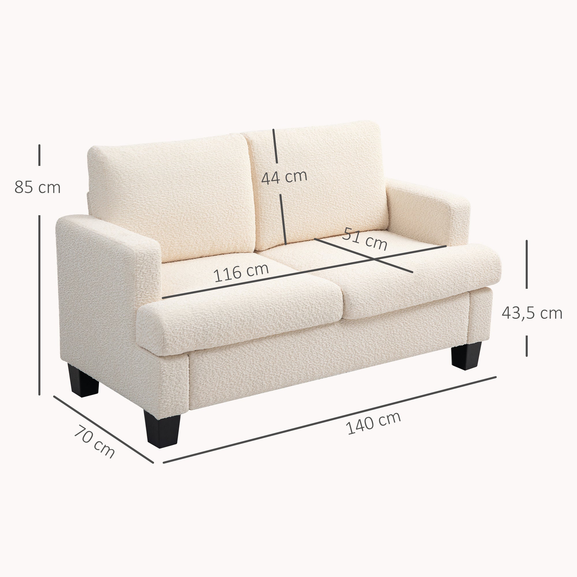 2-Seater Modern Style Sofa 140 cm with Removable Back Cushions and Armrests, Mini Couch for Bedroom, Apartment, Small Space, Beige