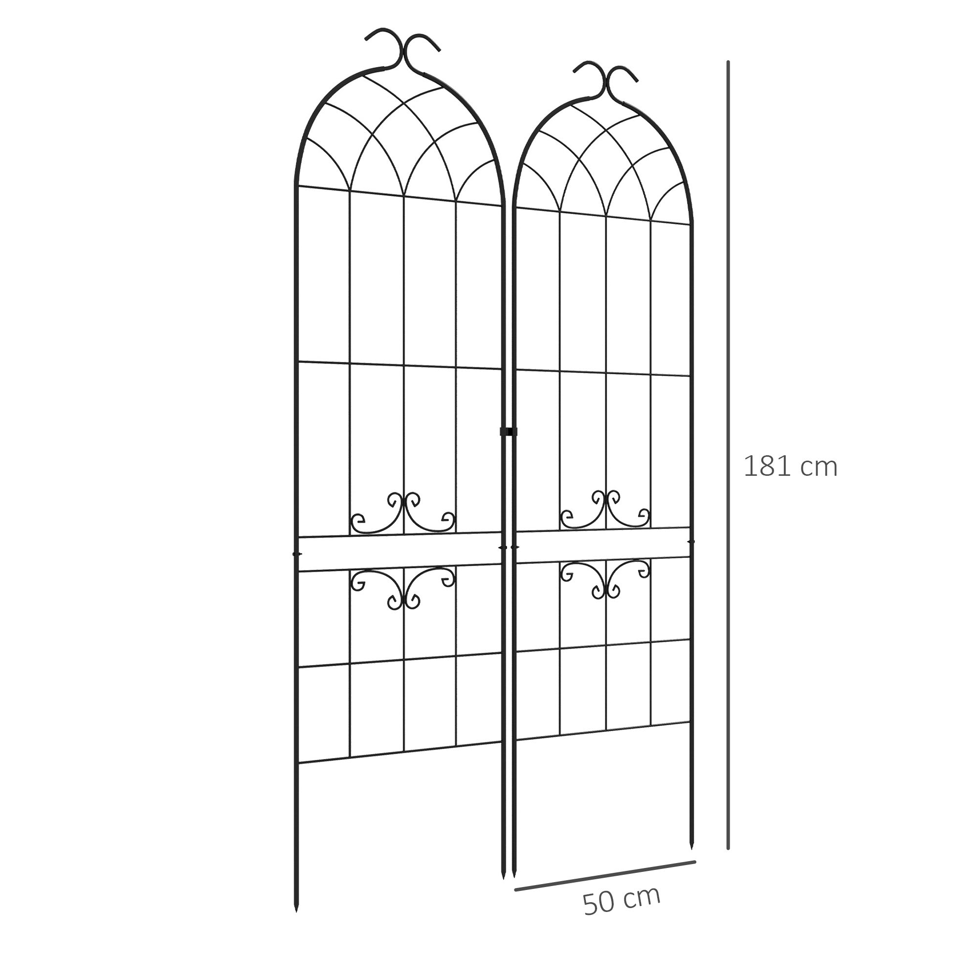 Set of 2 garden trellises, metal climbing plant support, 50W x 181H cm, black