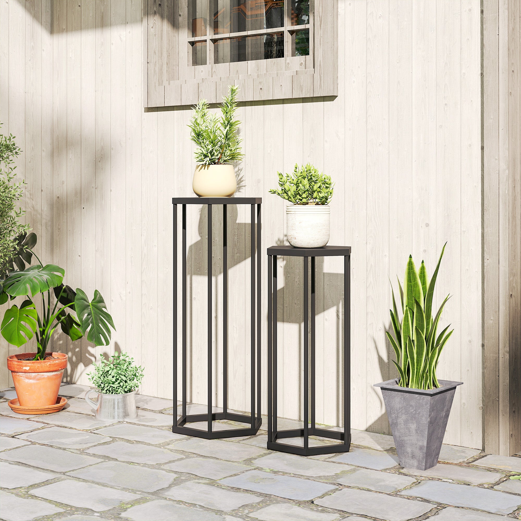 2-Pack Hexagon Metal Plant Stands, 75/60 cm (29.5"/23.6") — Indoor & Outdoor Black