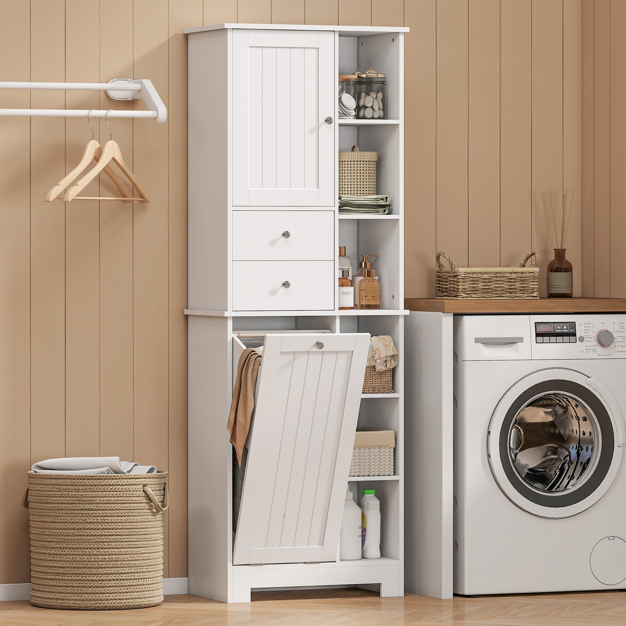Narrow Bathroom Cabinet, Tall Storage with Pull-Out Laundry Basket, Open Shelf, 2 Drawers and Soft-Close Doors for Bathroom & Kitchen, White, 23.6 x 11.3 x 67.3 in (60 x 28.8 x 171 cm)