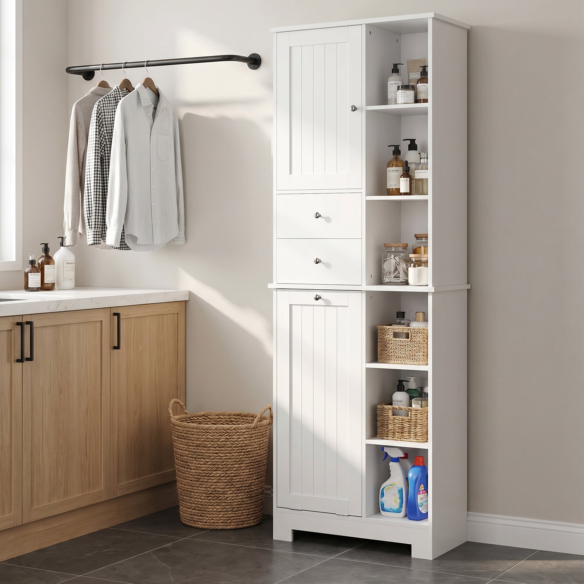 Narrow Bathroom Cabinet, Tall Storage with Pull-Out Laundry Basket, Open Shelf, 2 Drawers and Soft-Close Doors for Bathroom & Kitchen, White, 23.6 x 11.3 x 67.3 in (60 x 28.8 x 171 cm)