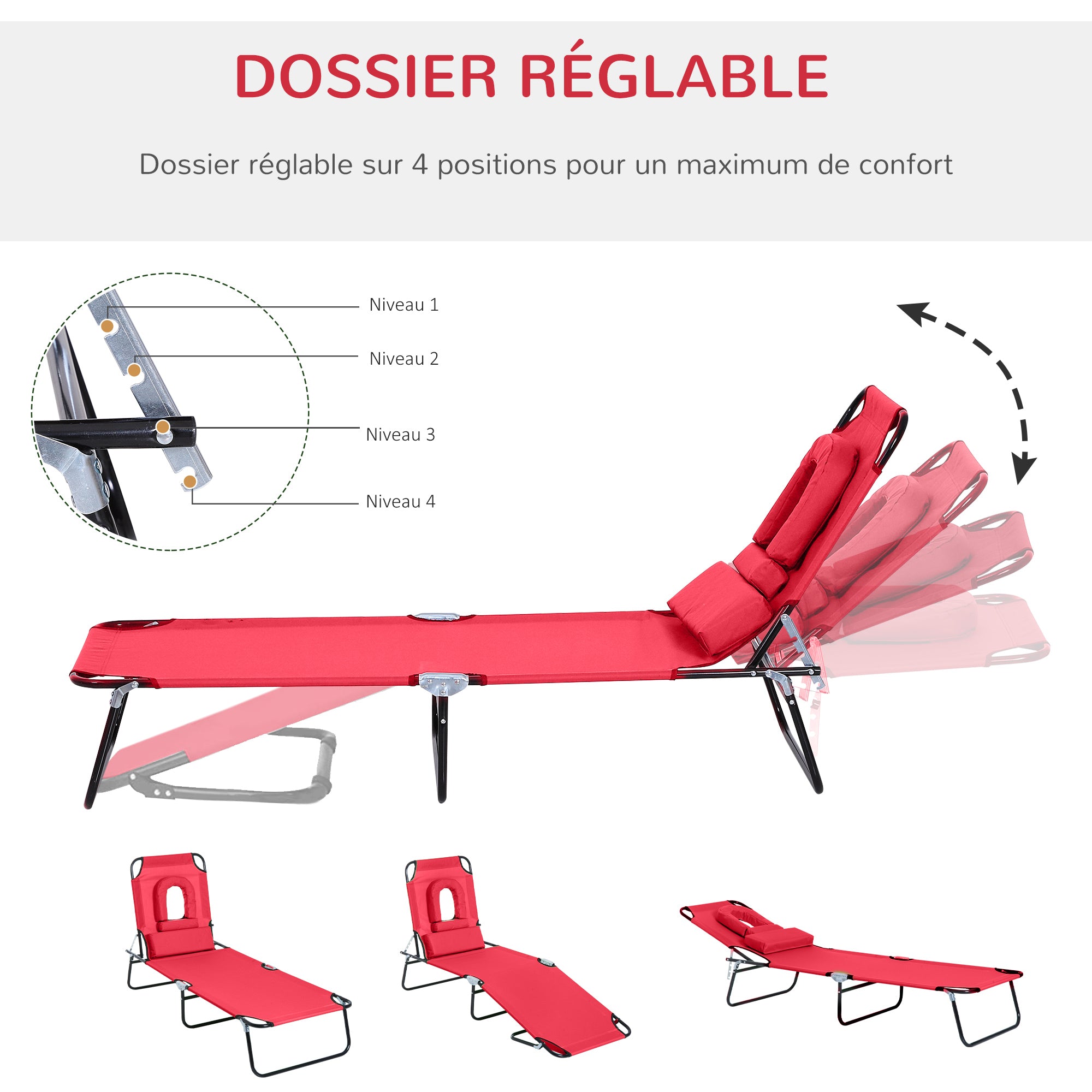 Folding Sun Lounger Reclining 4 Positions Chaise Longue 3 Cushions Provided Red