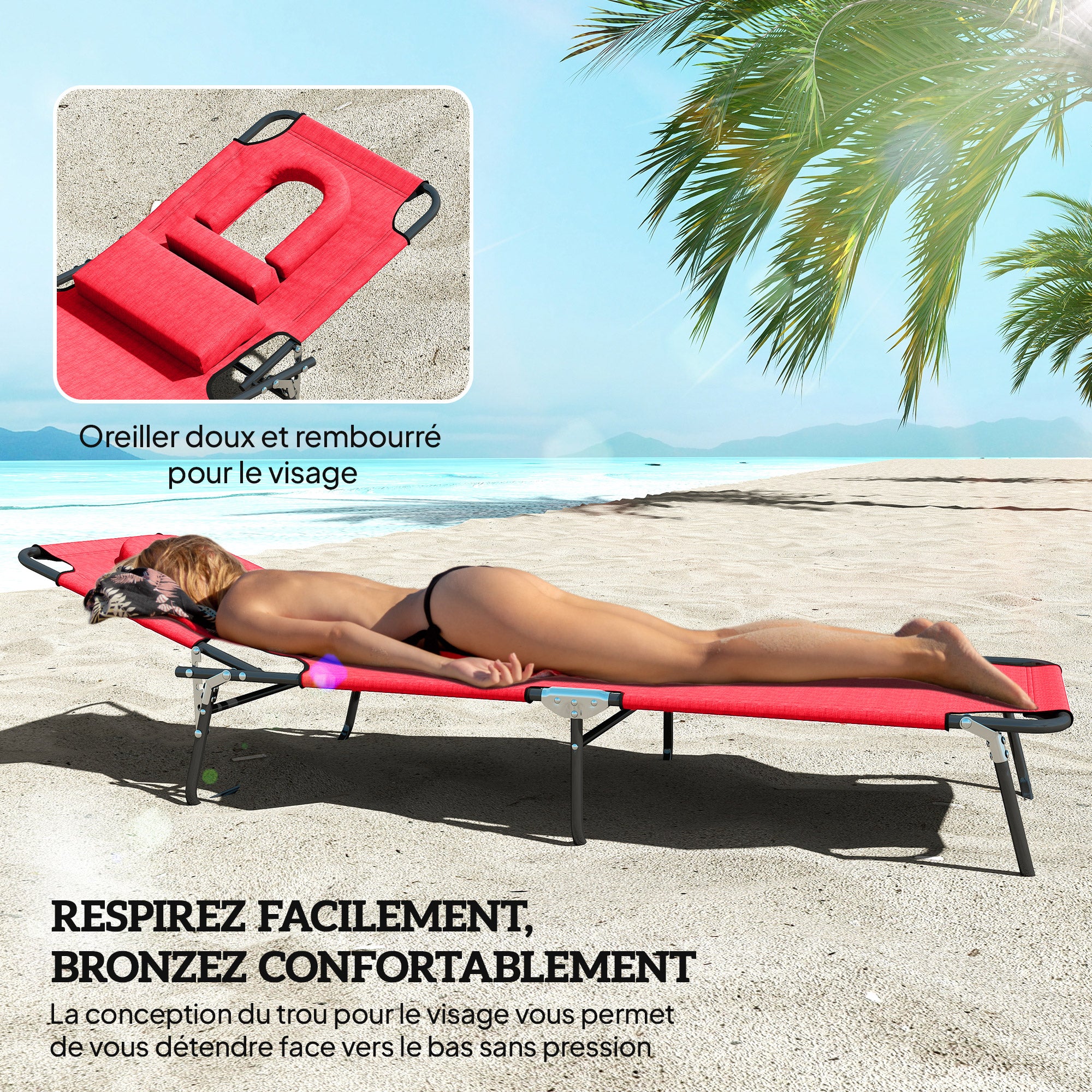 Folding Sun Lounger Reclining 4 Positions Chaise Longue 3 Cushions Provided Red