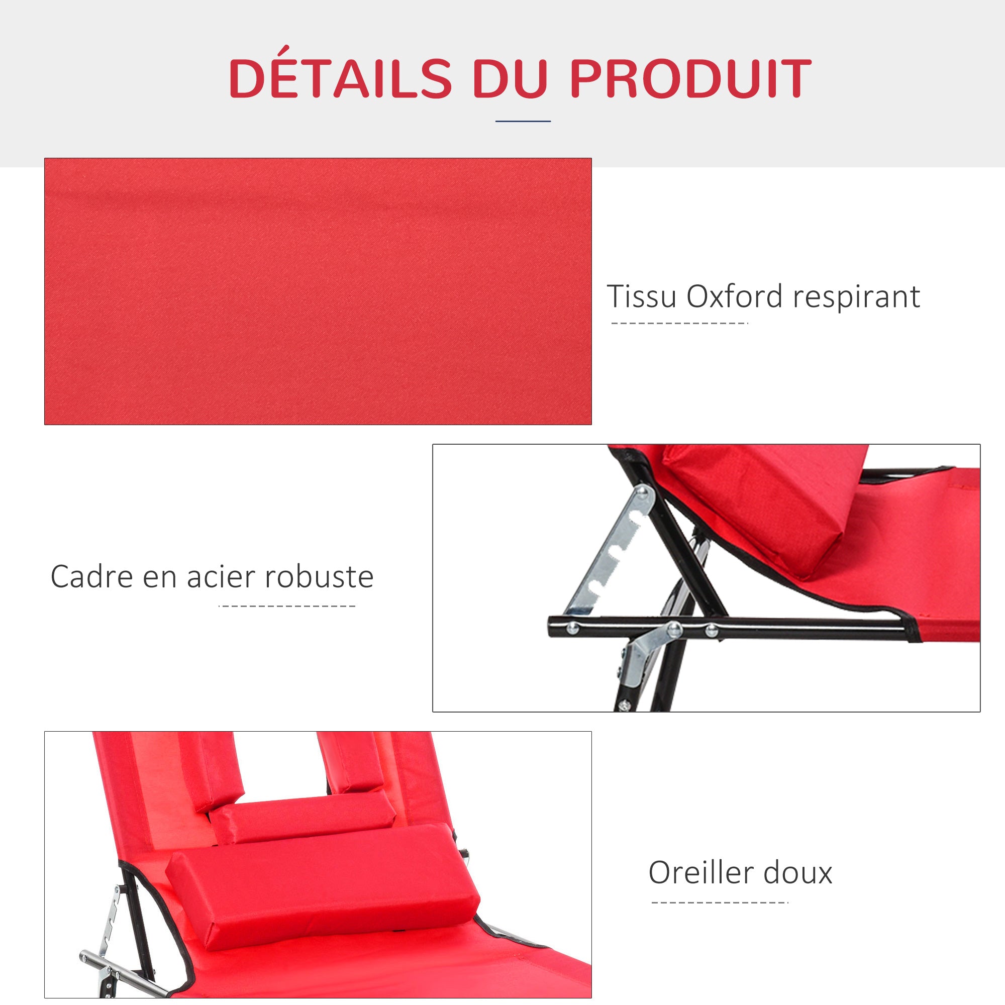 Folding Sun Lounger Reclining 4 Positions Chaise Longue 3 Cushions Provided Red