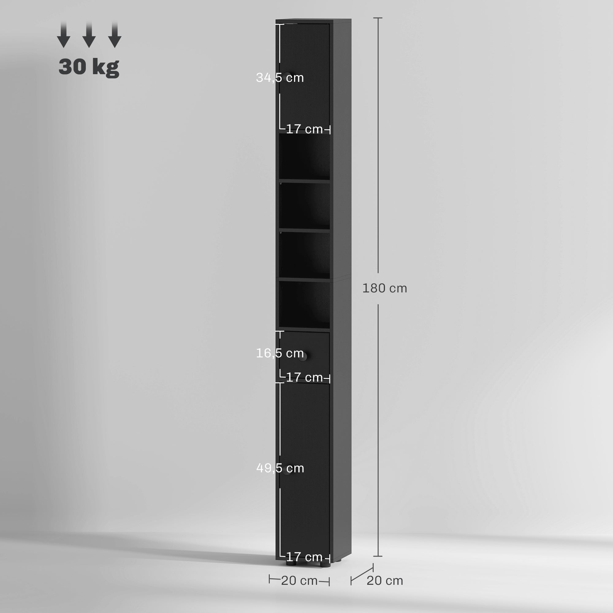 Slim Bathroom Cabinet, Tall Toilet Cupboard with Drawer and 4 Open Shelves, Space-Saving Bathroom & Living Room Storage, 8 x 8 x 71 in (20 x 20 x 180 cm), Black