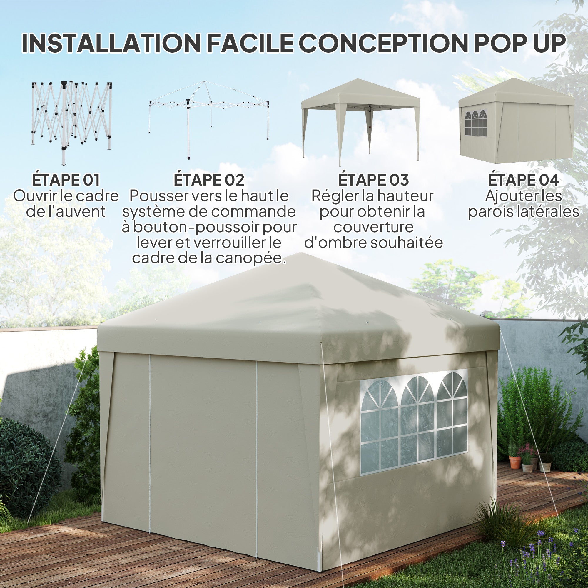 Pop-up Folding Garden Gazebo Canopy Event Tent 3 x 3m Anti-UV 30+ with Windows Side Panels Carry Bag Cream
