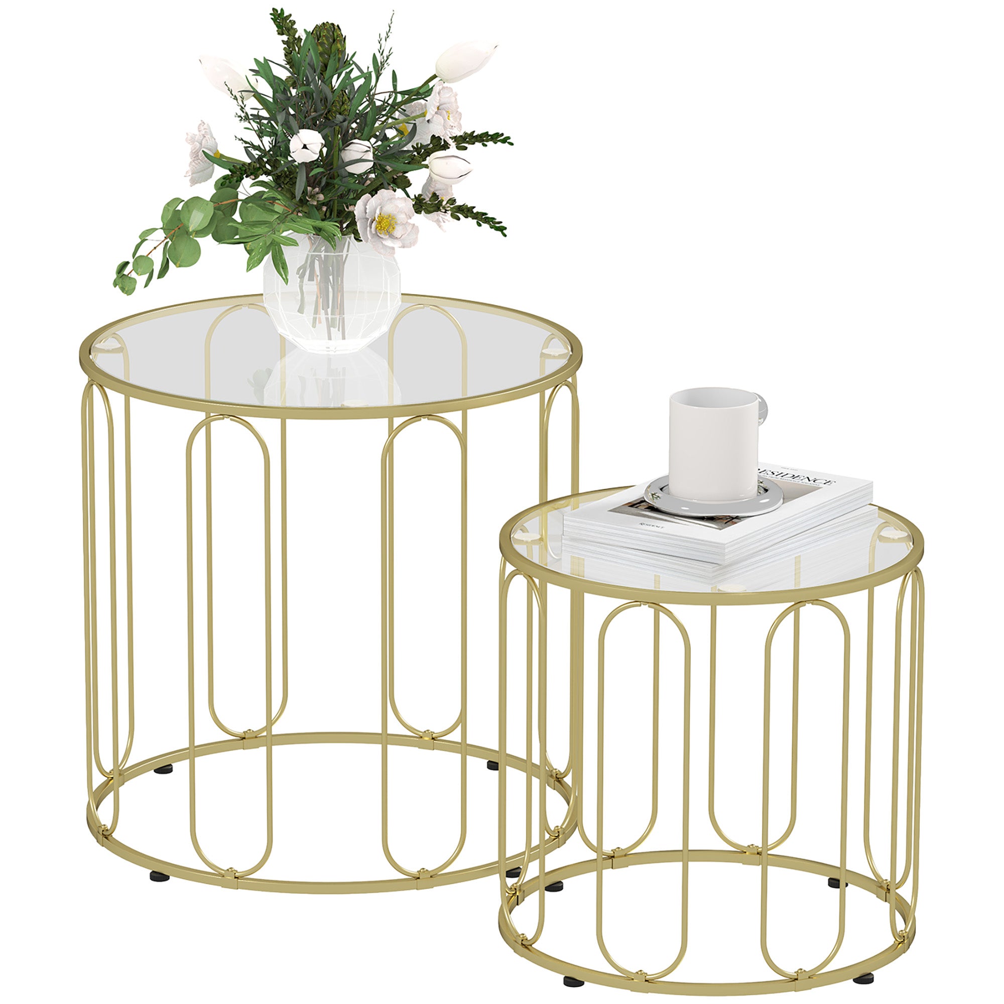 Round Nesting Side Tables Set of 2 with Metal Frame and Glass Top Small Coffee Tables for Living Room Gold
