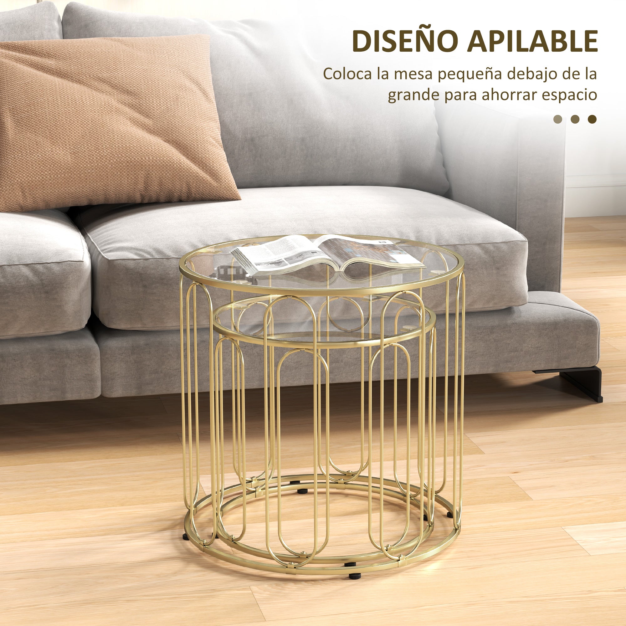 Round Nesting Side Tables Set of 2 with Metal Frame and Glass Top Small Coffee Tables for Living Room Gold