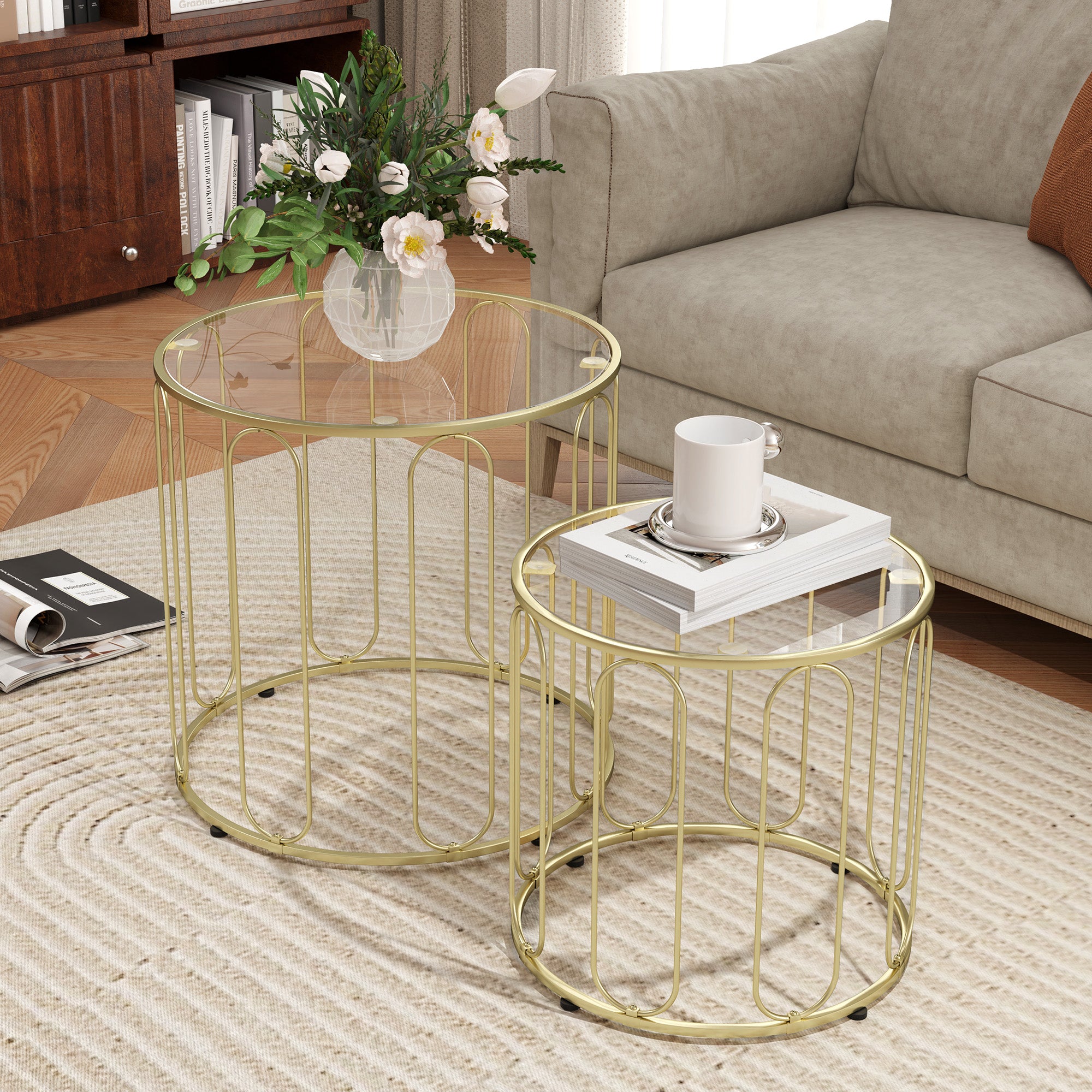 Round Nesting Side Tables Set of 2 with Metal Frame and Glass Top Small Coffee Tables for Living Room Gold