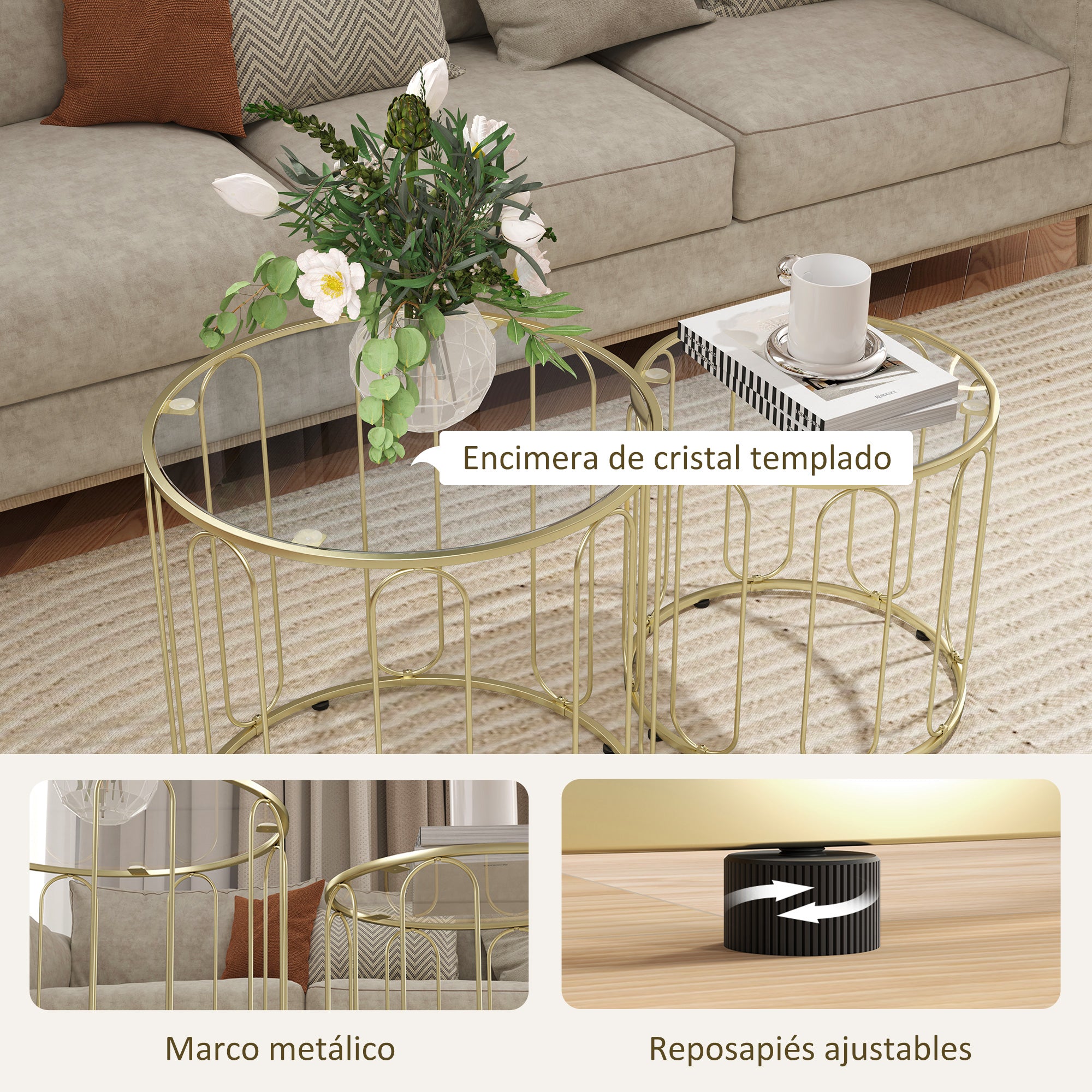 Round Nesting Side Tables Set of 2 with Metal Frame and Glass Top Small Coffee Tables for Living Room Gold