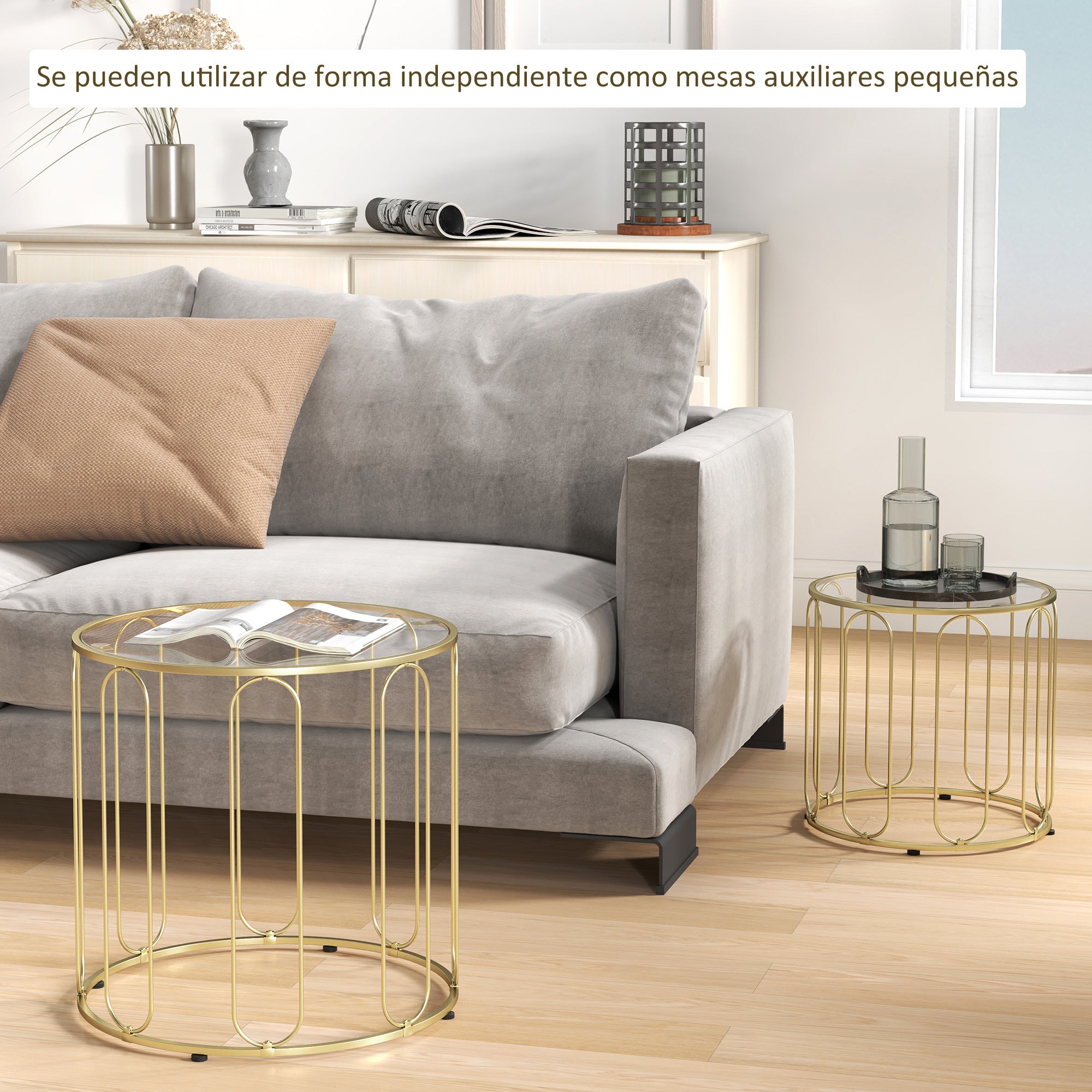 Round Nesting Side Tables Set of 2 with Metal Frame and Glass Top Small Coffee Tables for Living Room Gold