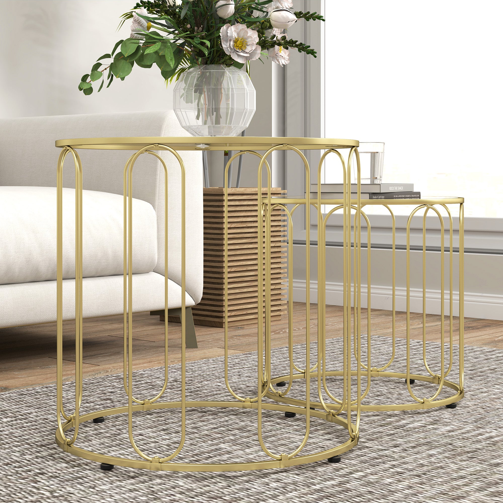 Round Nesting Side Tables Set of 2 with Metal Frame and Glass Top Small Coffee Tables for Living Room Gold