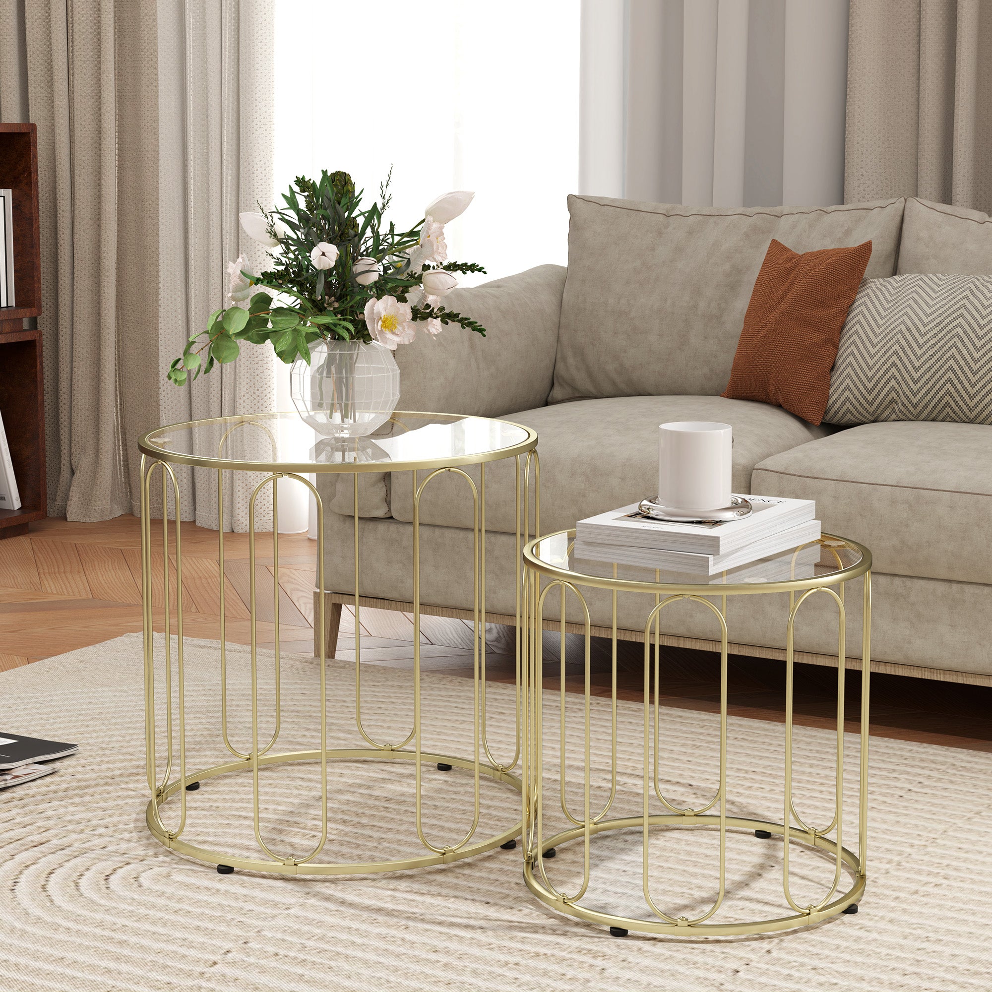 Round Nesting Side Tables Set of 2 with Metal Frame and Glass Top Small Coffee Tables for Living Room Gold