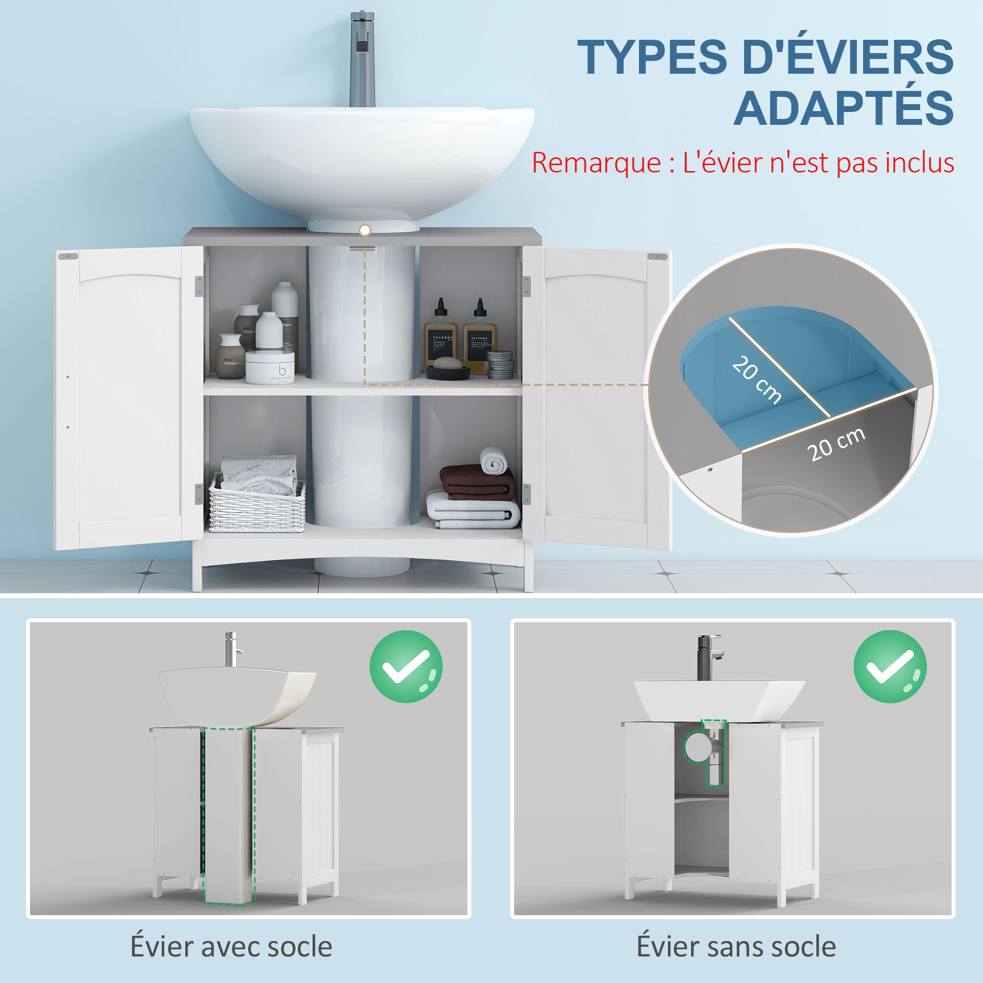 Bathroom Vanity Unit Under Sink Cabinet with Double Doors, Adjustable Shelf, 60 x 33 x 60 cm, White