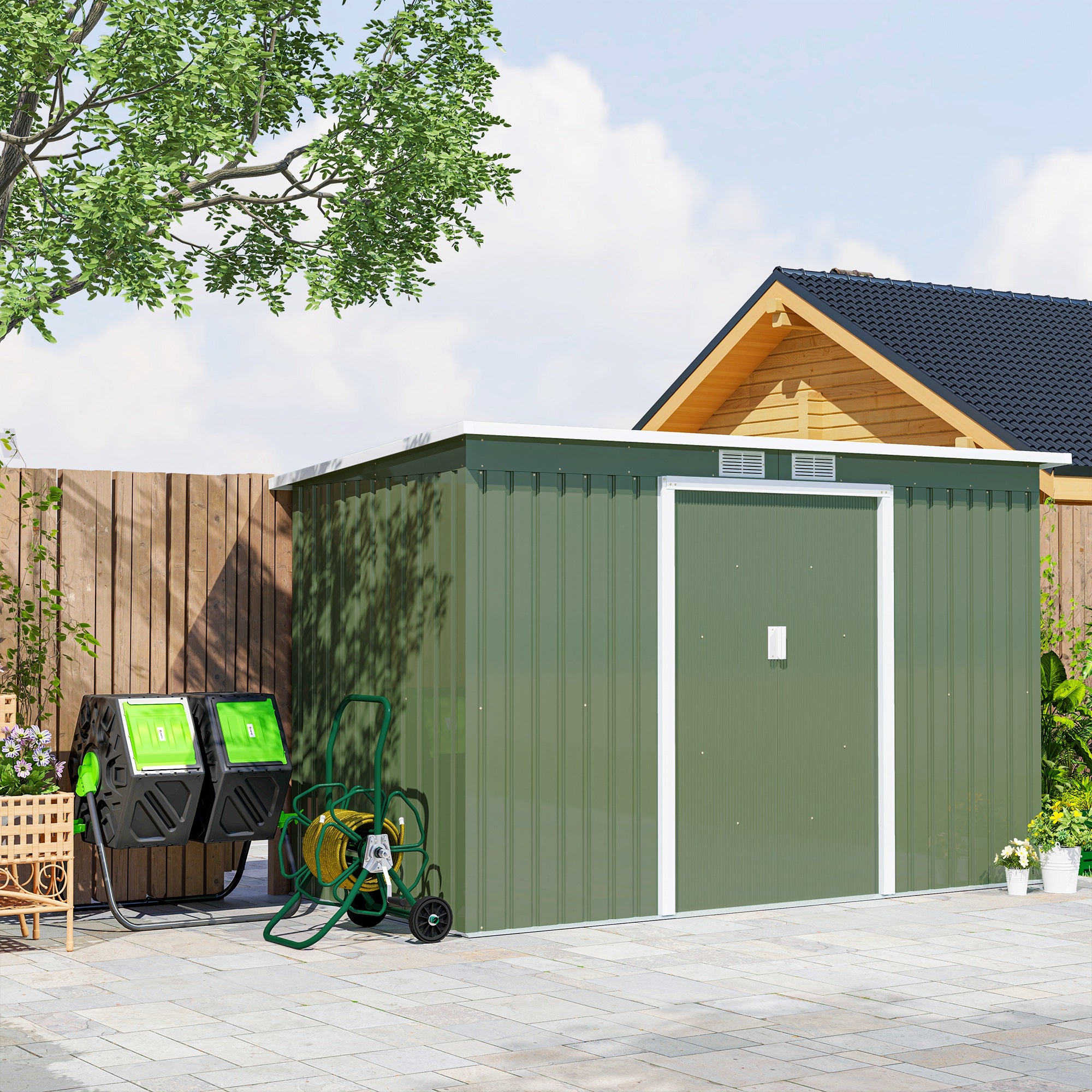 Hose Reel Cart with Wheels, 30m of Ø16mm Hose, Hose Reel Cart, Non-slip Handle, Metal, Green