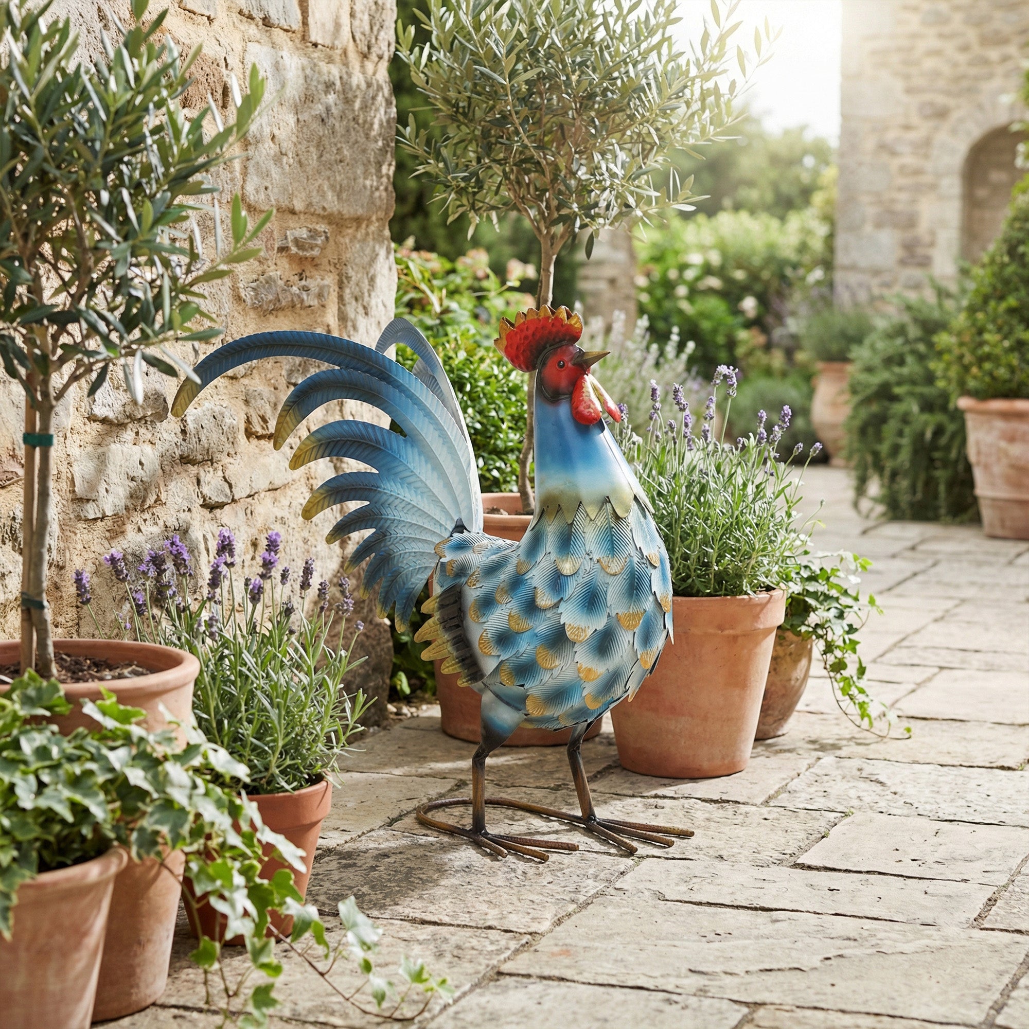 Rooster Garden Statue, Metal Rooster Sculpture with Ground Anchors, Standing Rooster for Patio and Lawn, 44 x 18 x 41 cm (17.3 x 7.1 x 16.1 in), Multicolor
