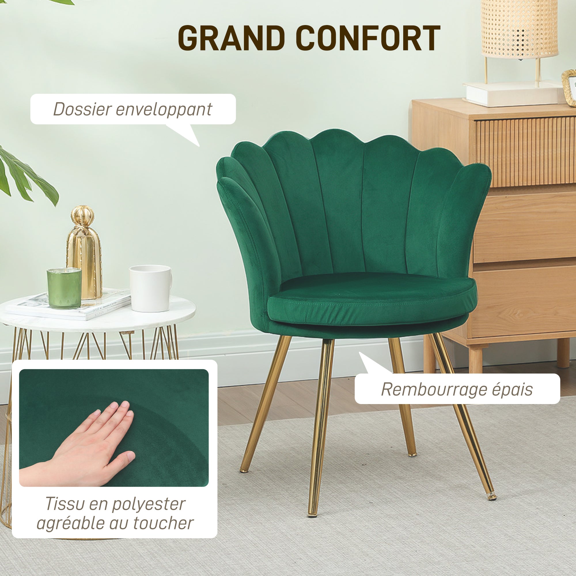 Shell Chair Velvet Dressing Table Chair Lounge Chair with Golden Metal Legs for Living Room Bedroom and Dining Room 67L x 64W x 77H cm Green