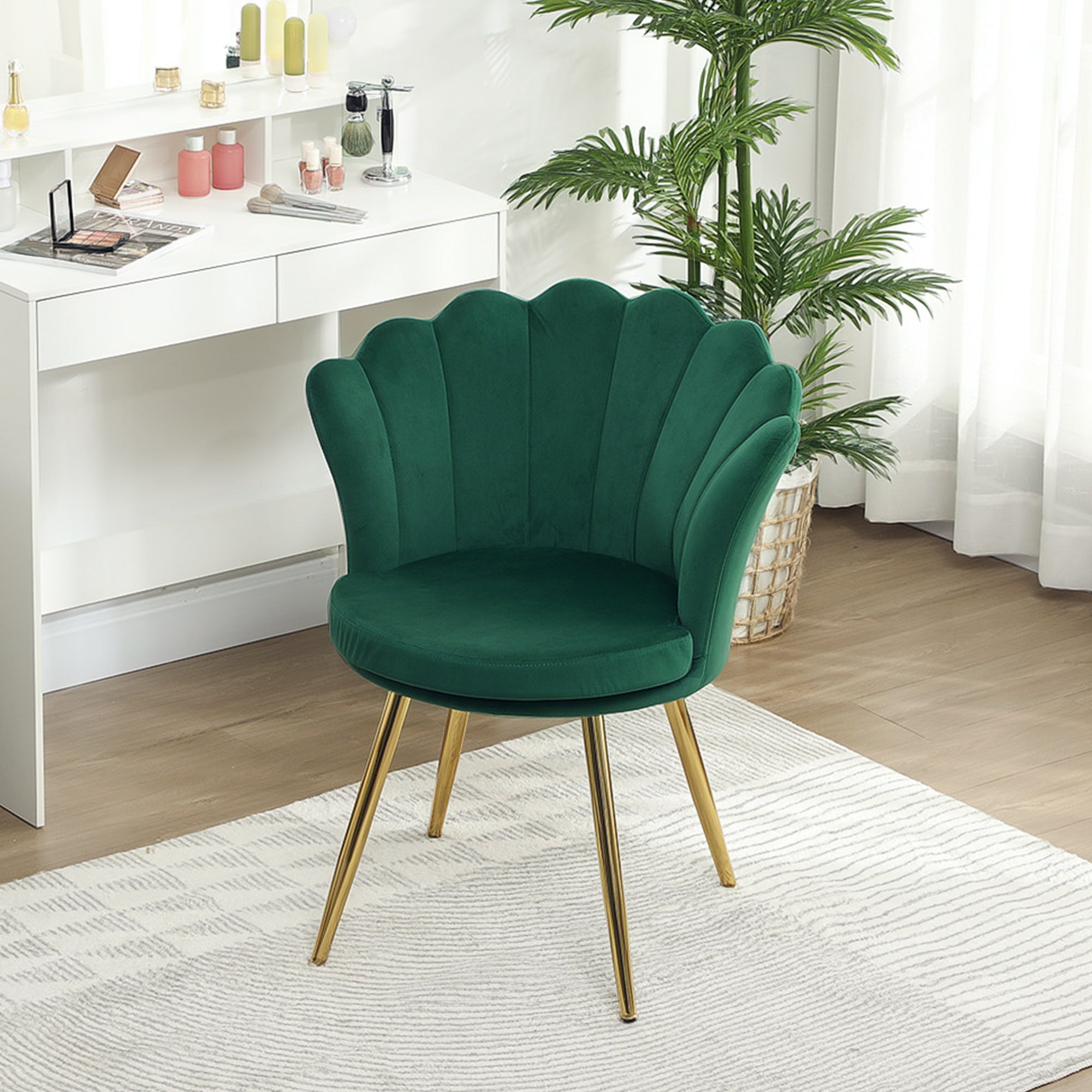 Shell Chair Velvet Dressing Table Chair Lounge Chair with Golden Metal Legs for Living Room Bedroom and Dining Room 67L x 64W x 77H cm Green