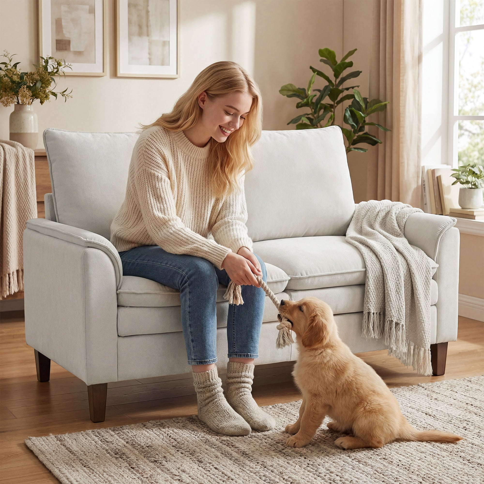 57.5 in 2-Seater Loveseat Sofa, Modern Chenille with Dual-Layer Cushioning, Pocket-Spring Seat, Deep Seating, High Back & Rubberwood Legs – Cream White