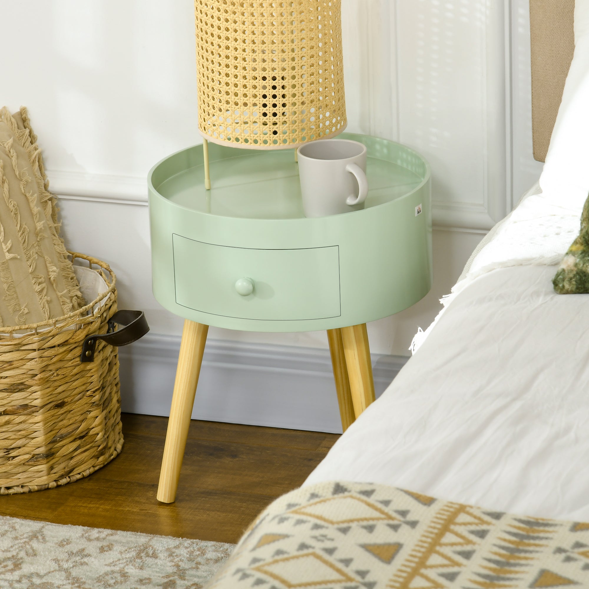 Coffee Table - Bedside Table - Round Nightstand - Scandinavian Design Side Table with Drawer Tapered Inclined Solid Wood Legs Green