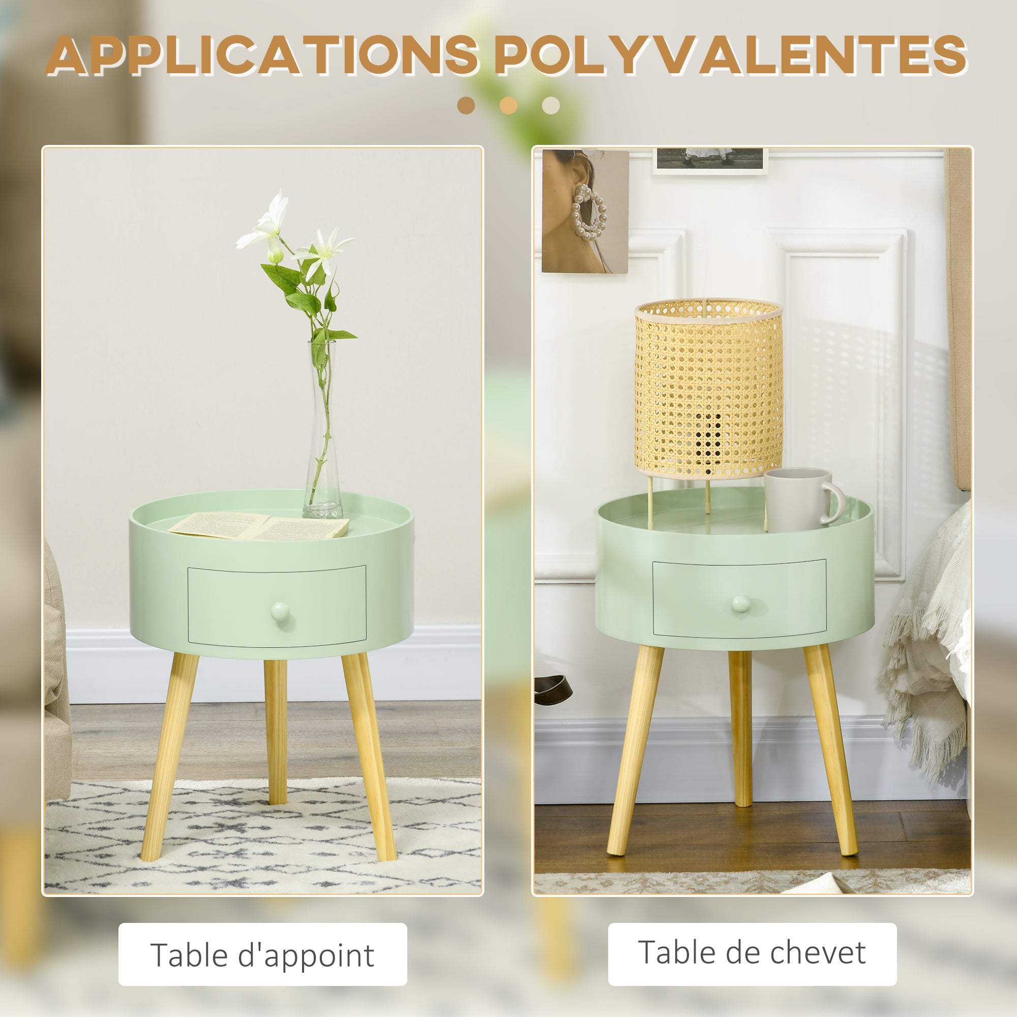 Coffee Table - Bedside Table - Round Nightstand - Scandinavian Design Side Table with Drawer Tapered Inclined Solid Wood Legs Green