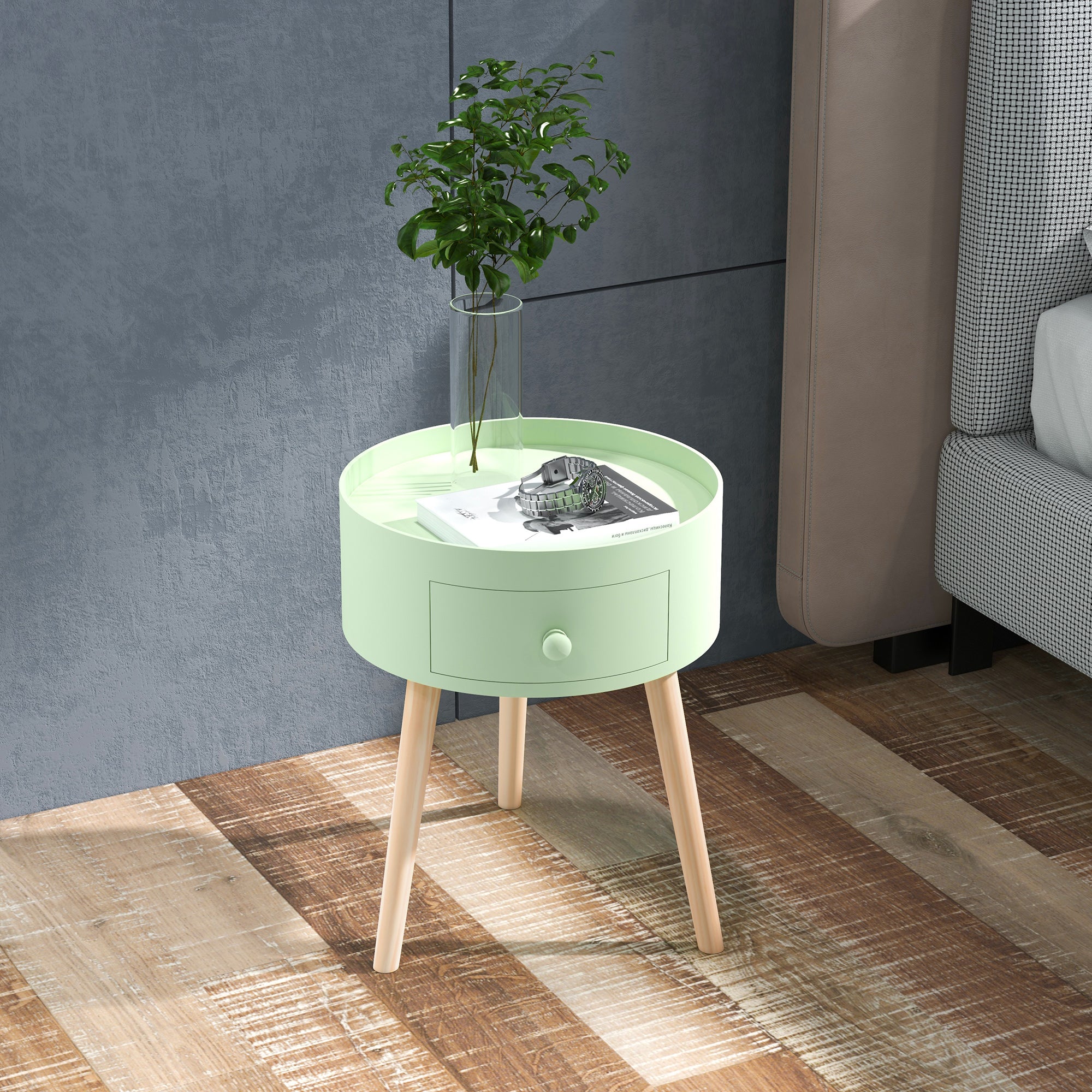 Coffee Table - Bedside Table - Round Nightstand - Scandinavian Design Side Table with Drawer Tapered Inclined Solid Wood Legs Green