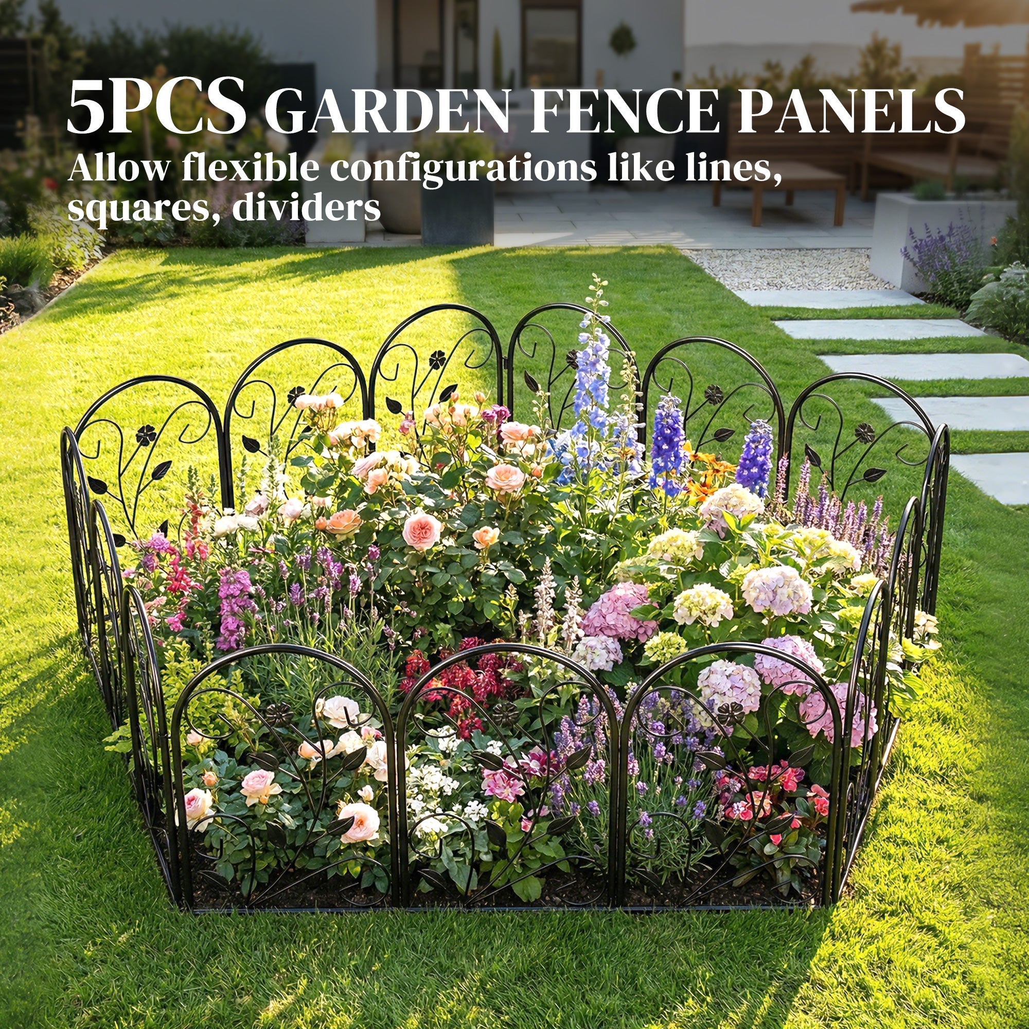 Metal Garden Fence Panel Set, 31.5 x 23.6 in Each (13.1 ft Total) – Decorative Arched Top Landscape & Pet Barrier, Black