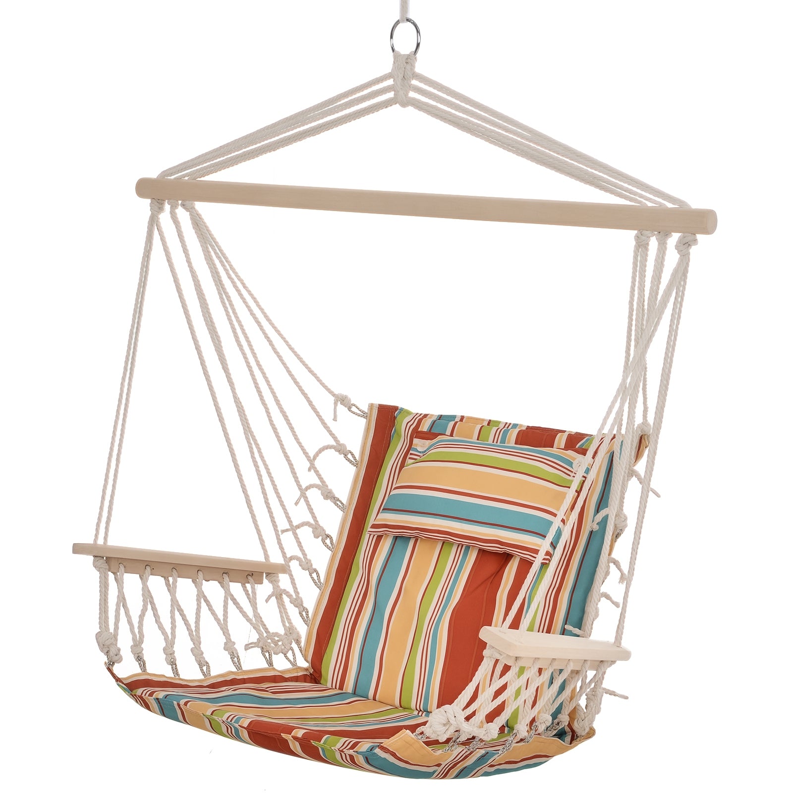 Hanging Chair Hammock with Crossbar and Cushion Ceiling Hook Frame Hanging Chair up to 100kg load Hanging Seat for Indoor Outdoor Garden Terrace Multicolored