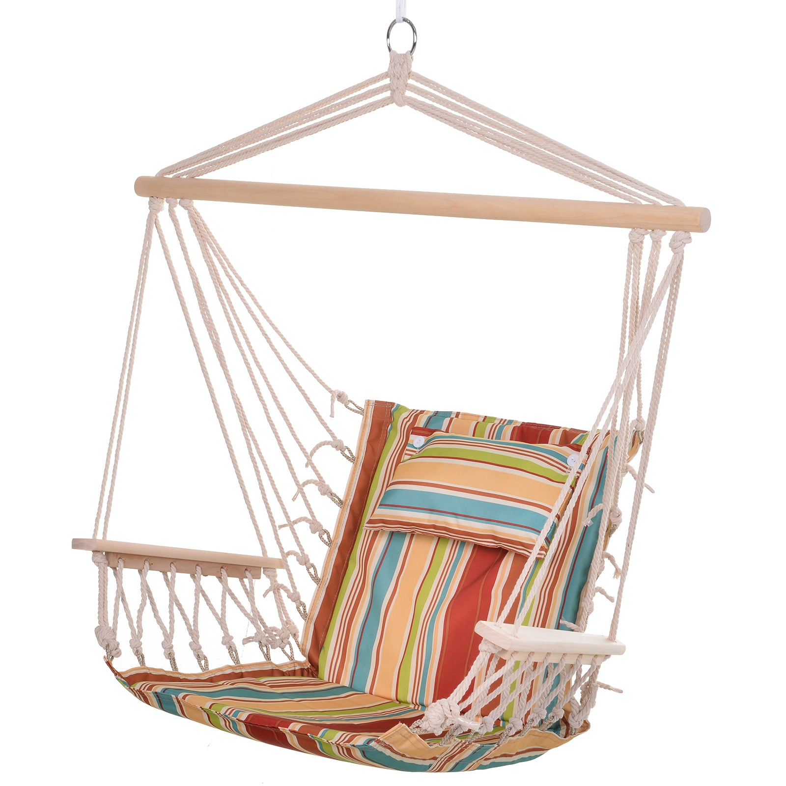 Hanging Chair Hammock with Crossbar and Cushion Ceiling Hook Frame Hanging Chair up to 100kg load Hanging Seat for Indoor Outdoor Garden Terrace Multicolored