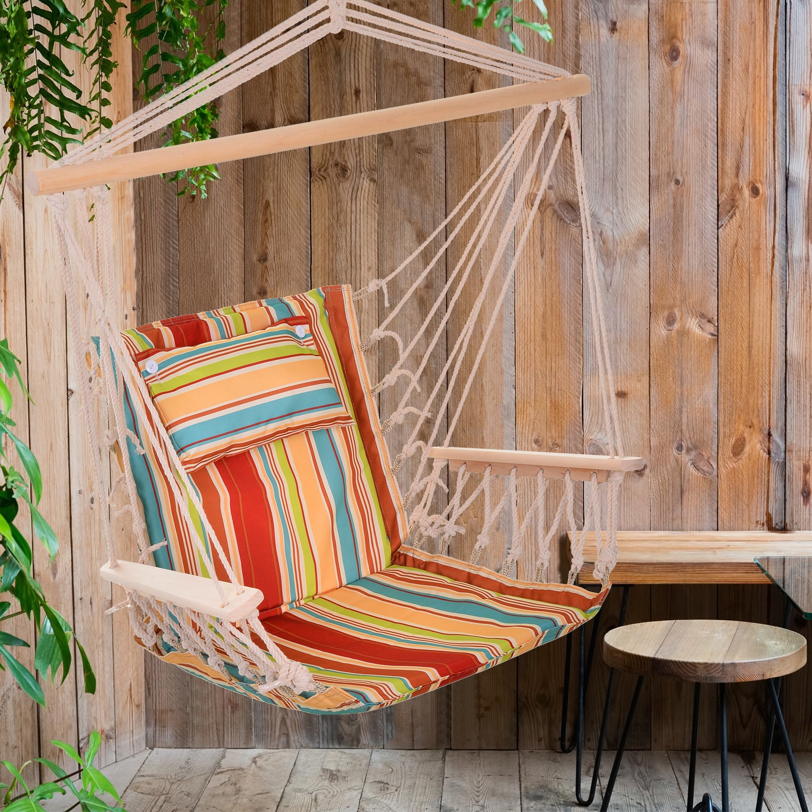 Hanging Chair Hammock with Crossbar and Cushion Ceiling Hook Frame Hanging Chair up to 100kg load Hanging Seat for Indoor Outdoor Garden Terrace Multicolored