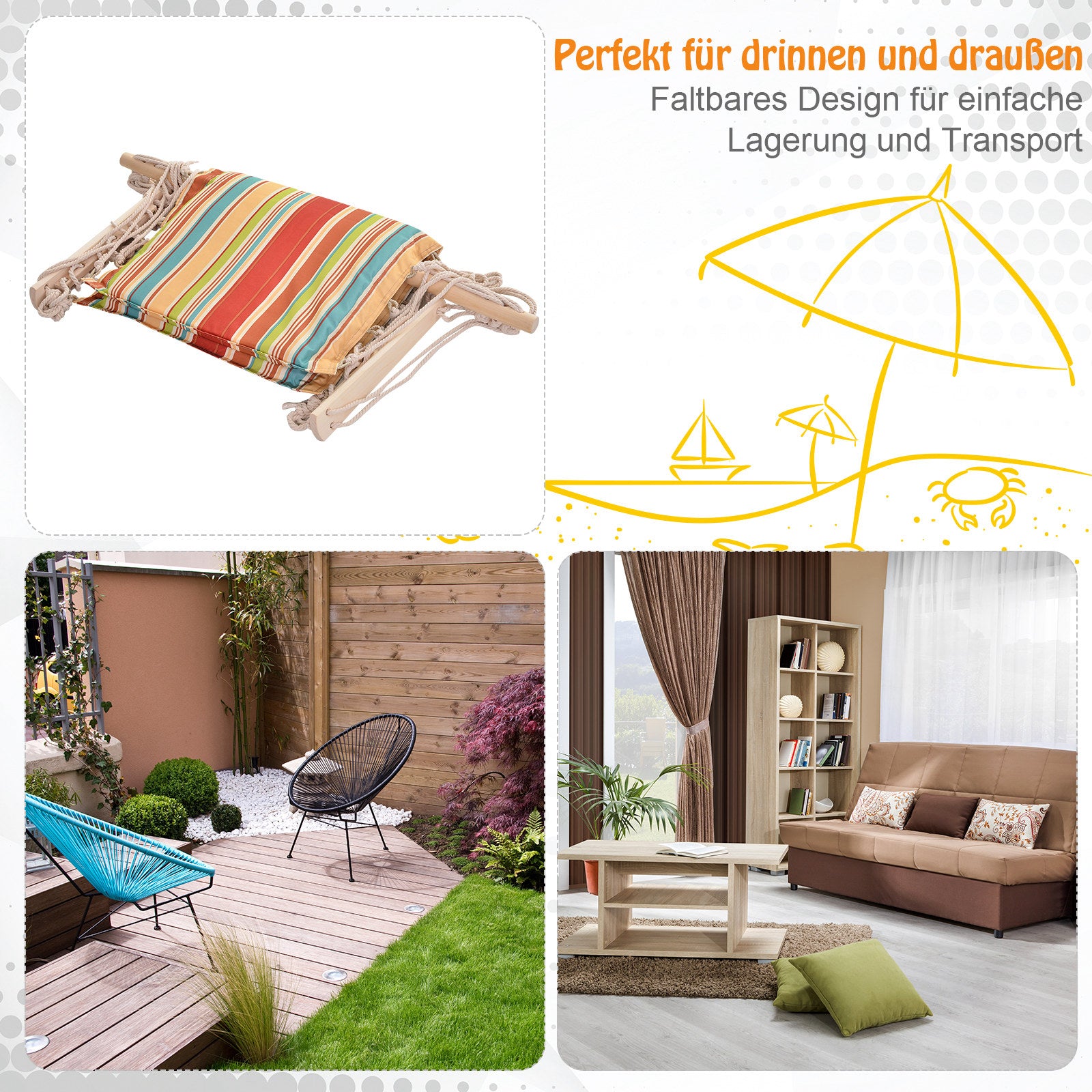 Hanging Chair Hammock with Crossbar and Cushion Ceiling Hook Frame Hanging Chair up to 100kg load Hanging Seat for Indoor Outdoor Garden Terrace Multicolored