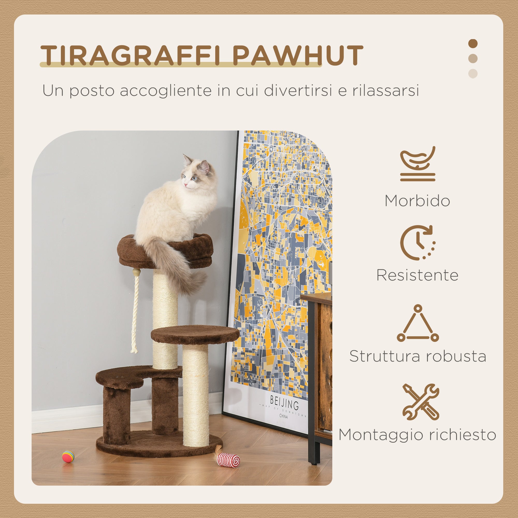 3-Level Cat Scratching Post with Platforms, Bed, and Sisal Posts, Cat Tower with Plush Covering, Ø40x65 cm, Brown