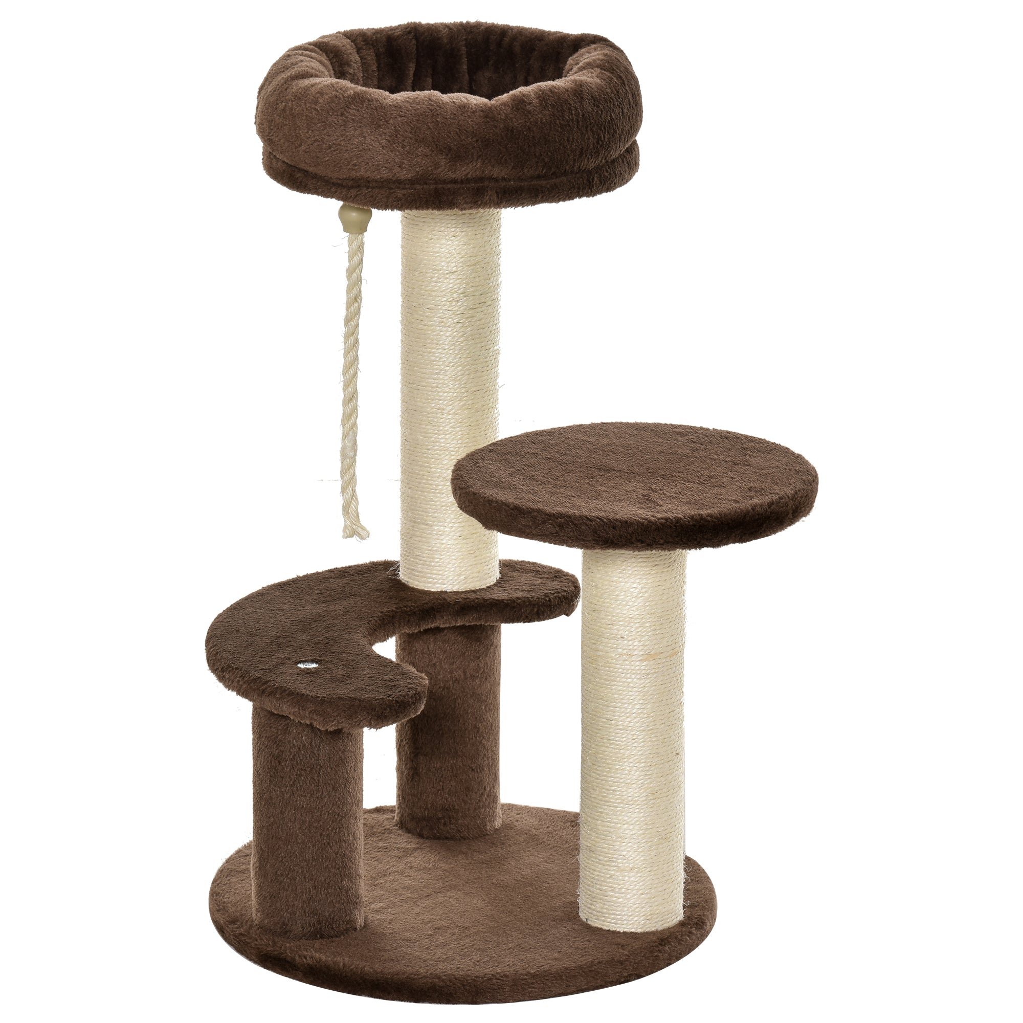 3-Level Cat Scratching Post with Platforms, Bed, and Sisal Posts, Cat Tower with Plush Covering, Ø40x65 cm, Brown