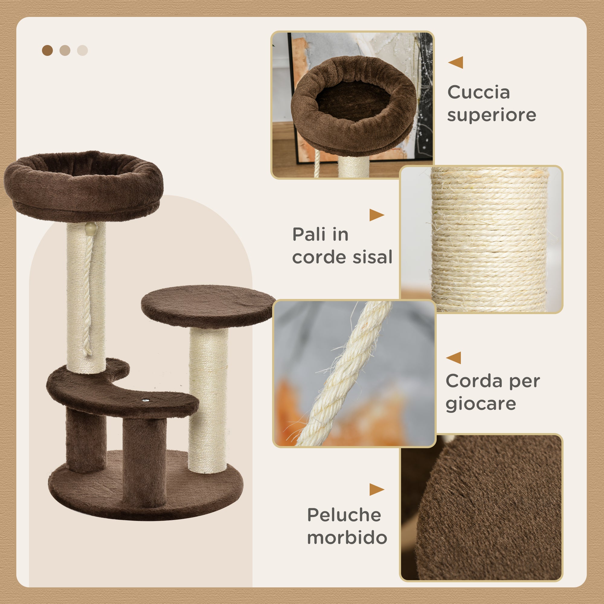 3-Level Cat Scratching Post with Platforms, Bed, and Sisal Posts, Cat Tower with Plush Covering, Ø40x65 cm, Brown