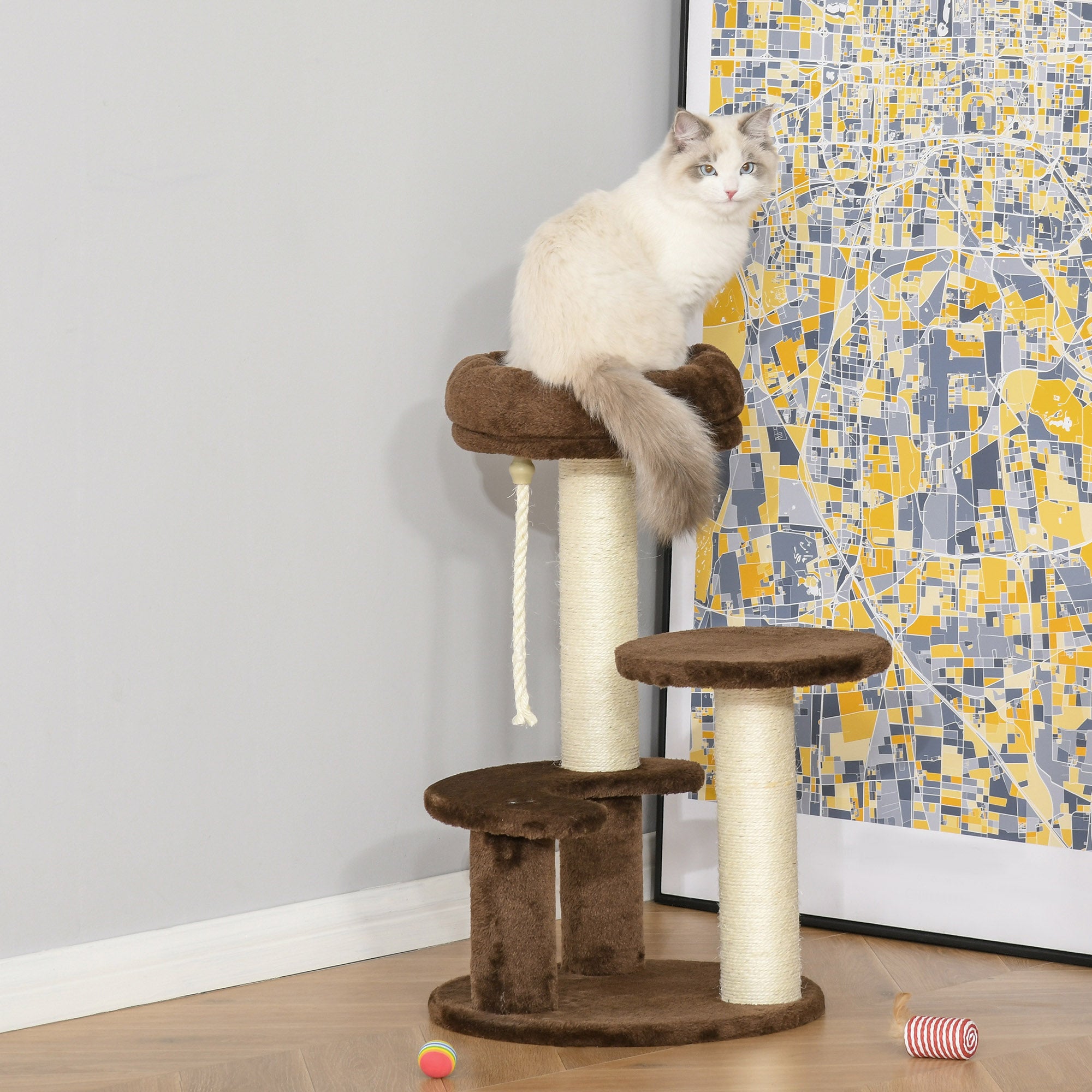 3-Level Cat Scratching Post with Platforms, Bed, and Sisal Posts, Cat Tower with Plush Covering, Ø40x65 cm, Brown