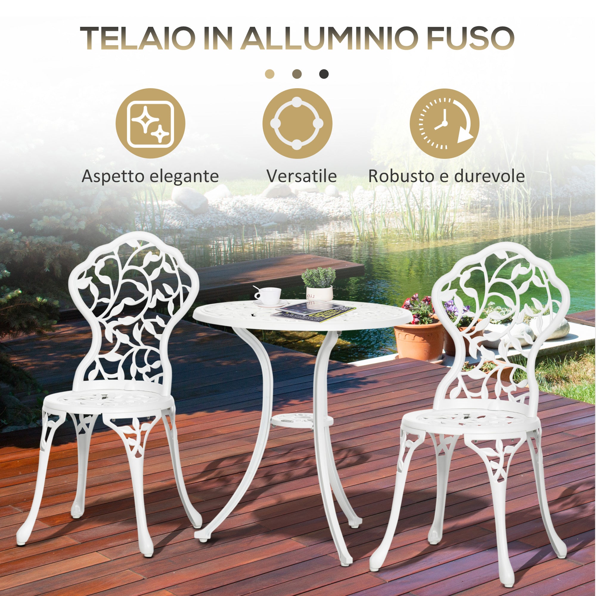 3-Piece Aluminum Garden Set in White with Floral Design, 2 Outdoor Chairs 45x42x85.5 cm and Round Table Ø61x66.5 cm
