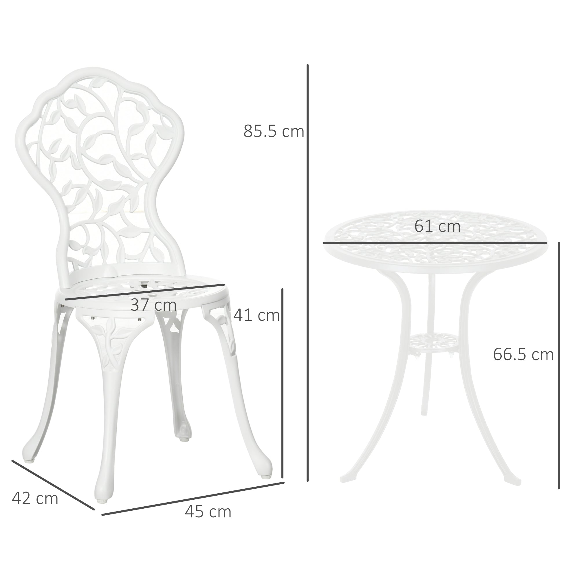 3-Piece Aluminum Garden Set in White with Floral Design, 2 Outdoor Chairs 45x42x85.5 cm and Round Table Ø61x66.5 cm